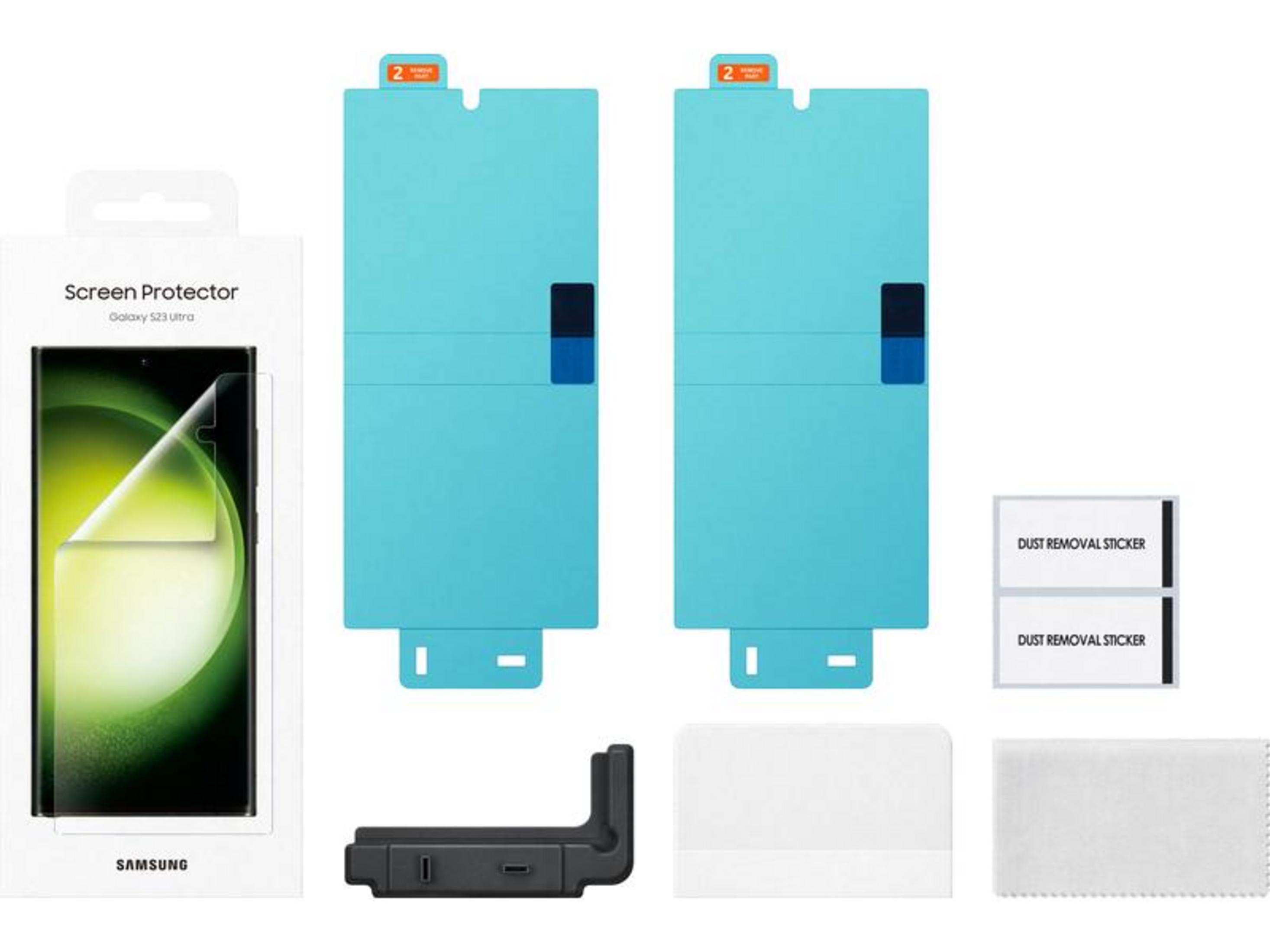Kit protezione schermo Samsung Galaxy S23 Ultra con strumenti.