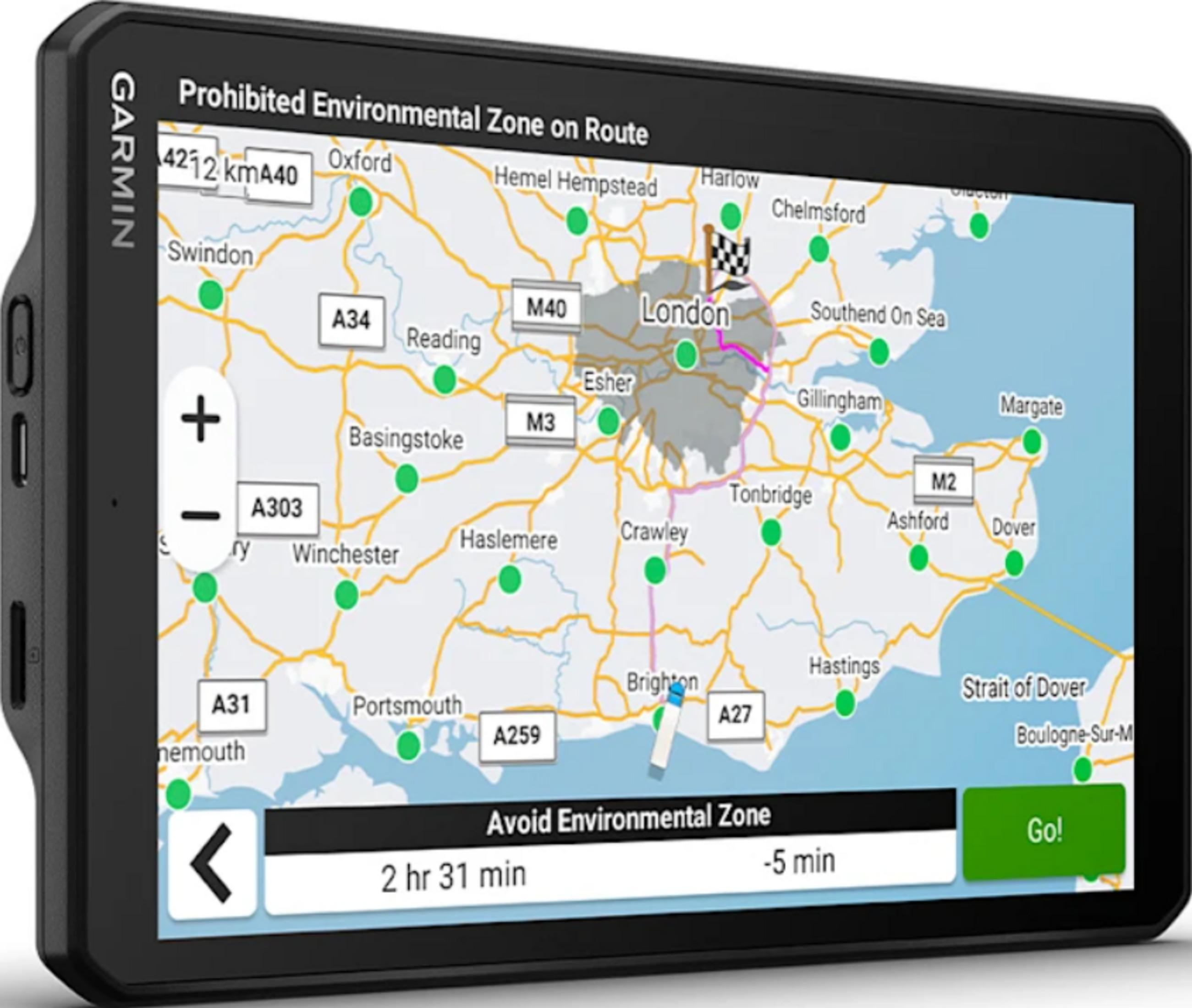 Dispositivo di navigazione Garmin mostra una mappa di Londra e dintorni.