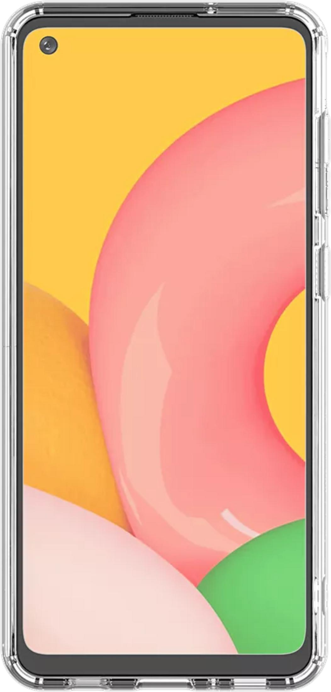 Una funda transparente para teléfono con diseño de fondo amarillo, rosa y verde.