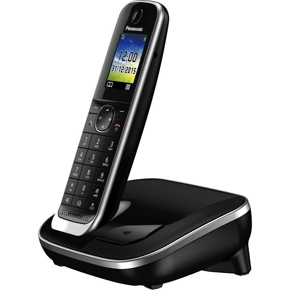 Un téléphone sans fil Panasonic noir avec bordure argentée est sur sa base de chargement. L'écran affiche 12:00.