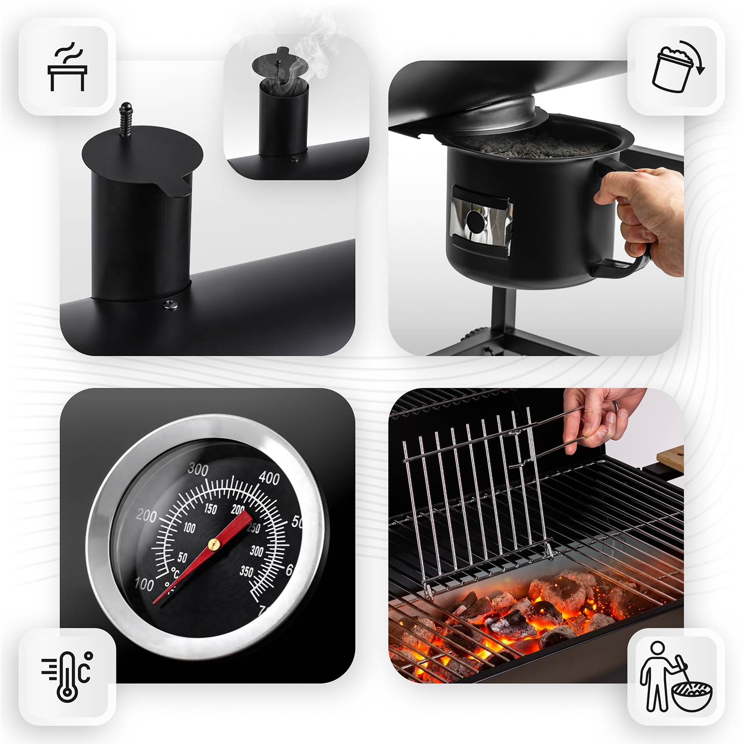 Kolaż cech grilla: komin, kosz na węgiel, termometr i ruszty z węglem.