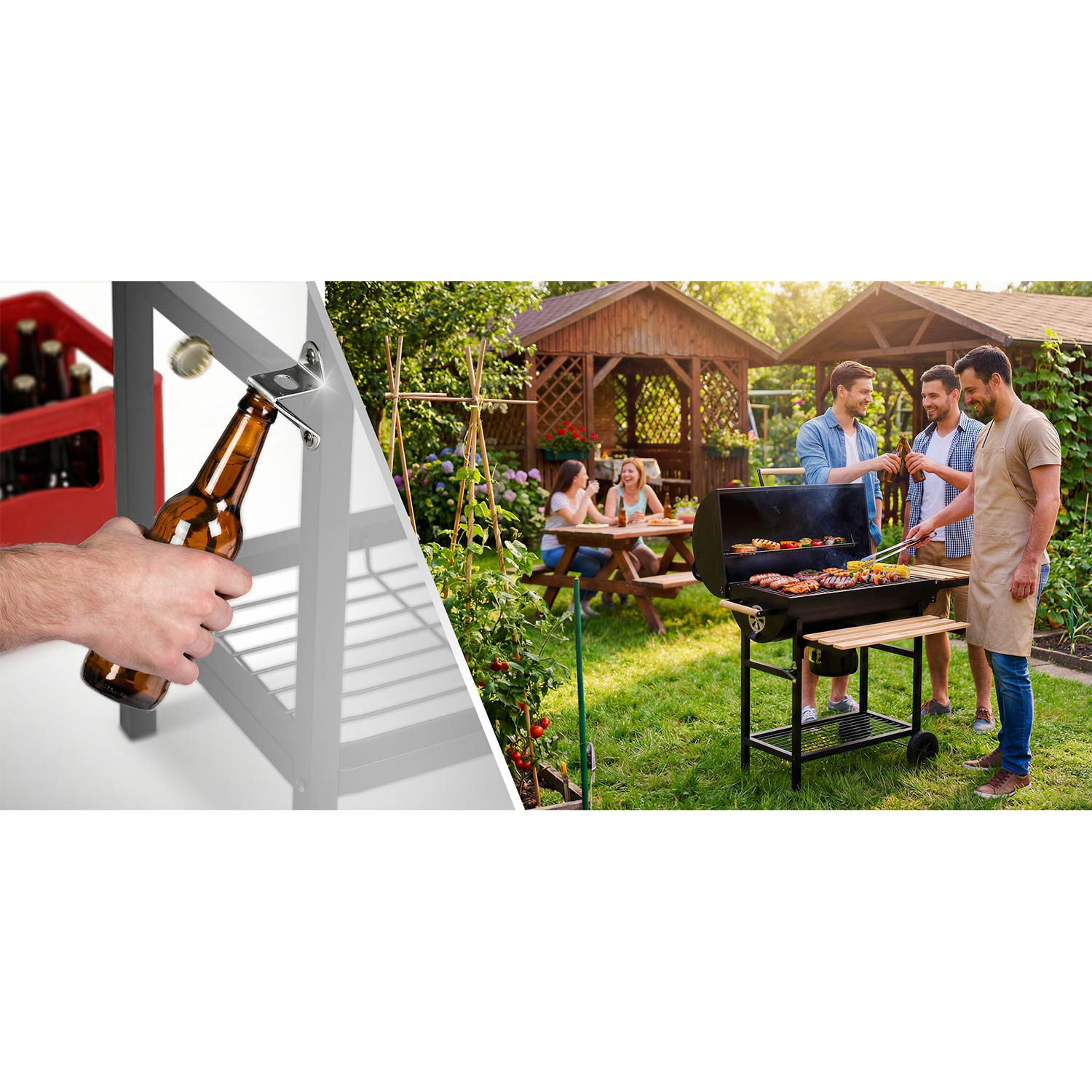 Mężczyzna otwiera butelkę, przyjaciele grillują w ogrodzie.