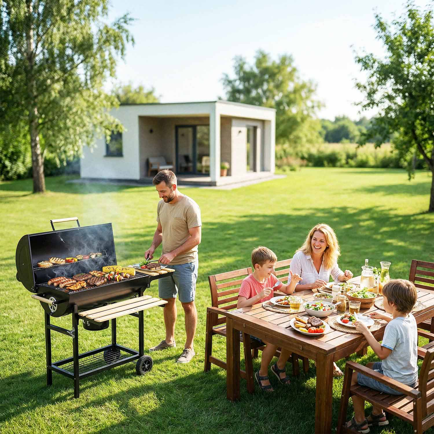 Rodzina grilluje w ogrodzie. Mężczyzna grilluje, rodzina je przy stole. Dom w tle.