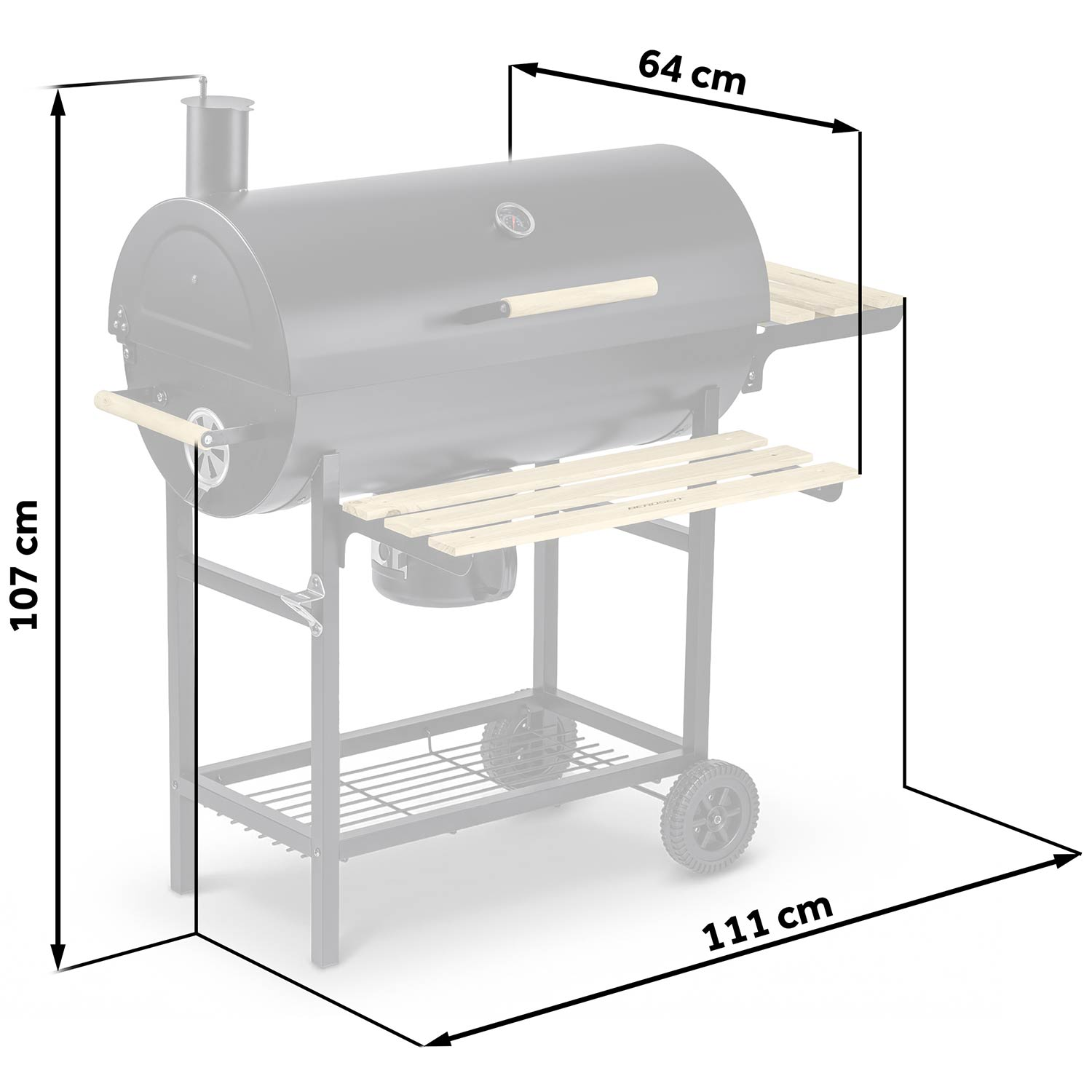 Czarny grill z drewnianymi uchwytami i kołami, wymiary 107x64x111 cm.