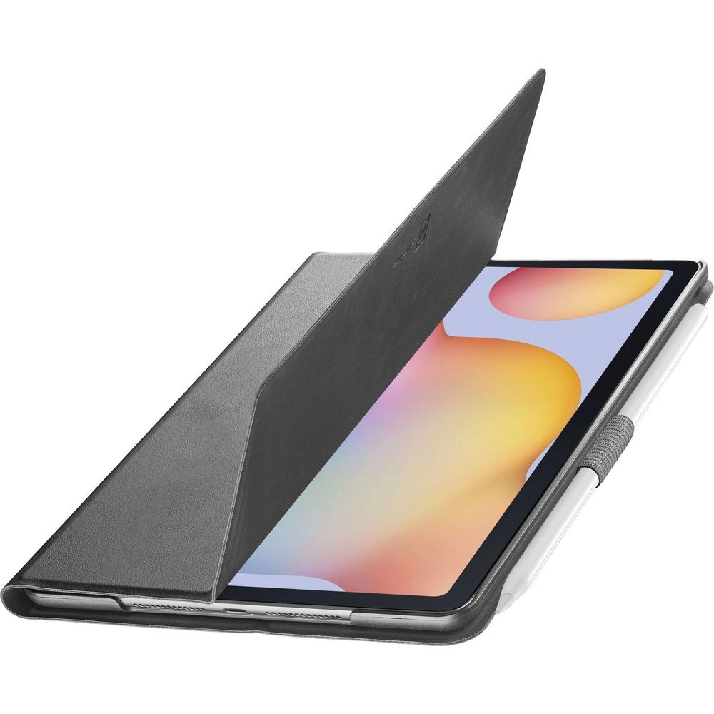 Tablet grigio con portapenne e custodia aperta, grafica di sfondo colorata.