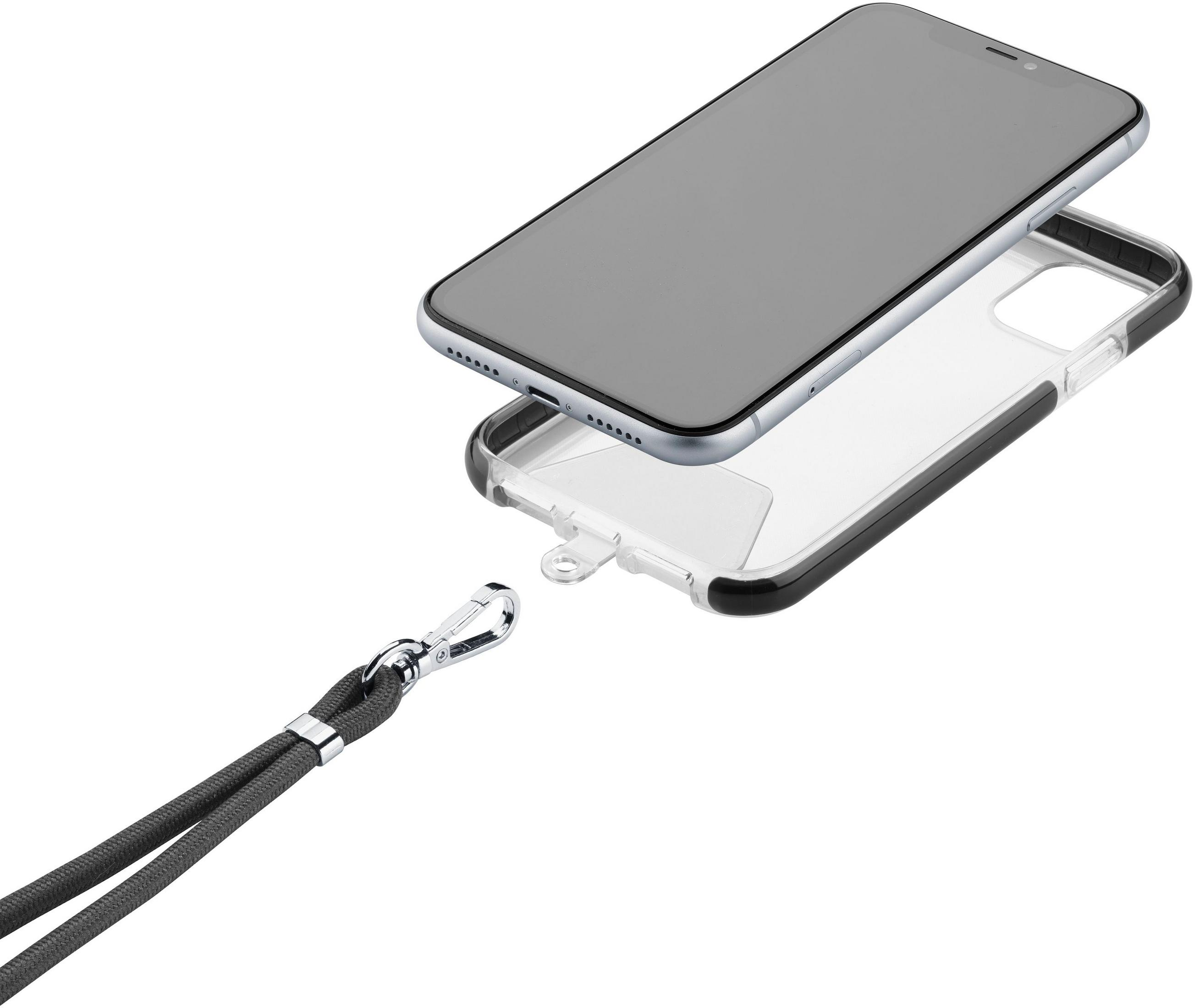 Ein transparentes Handyhülle mit schwarzem Rand und schwarzer Lanyard.