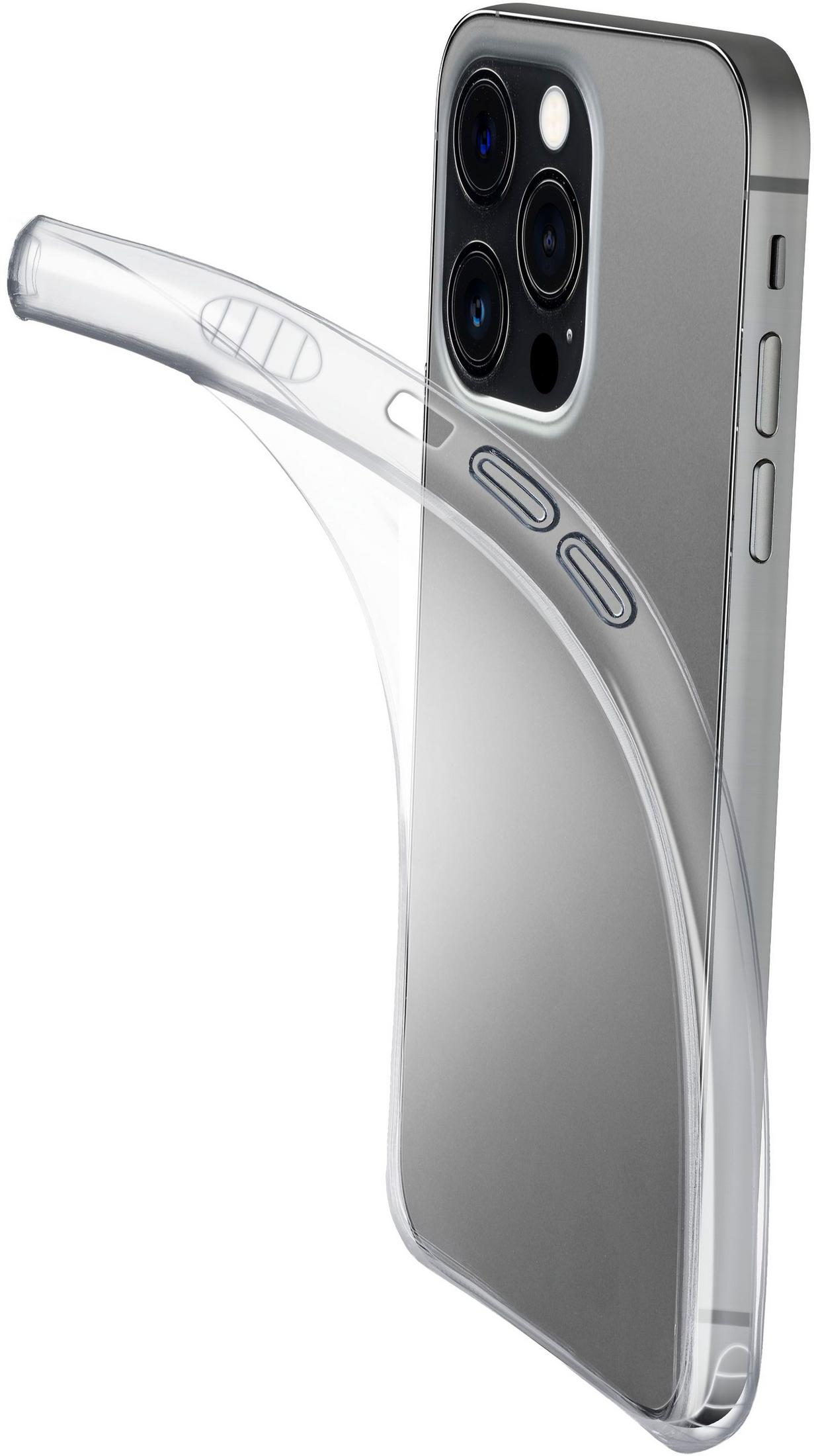 Una custodia trasparente circonda uno smartphone grigio con tre fotocamere.