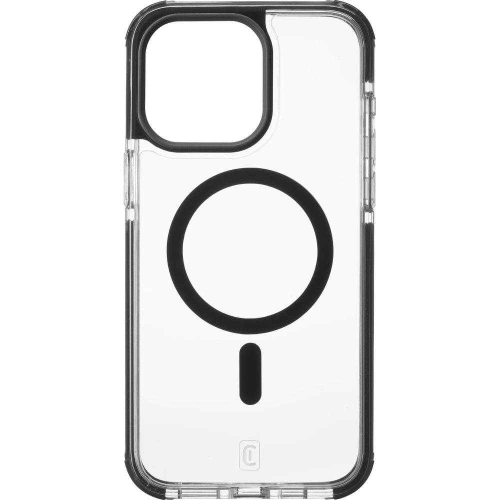 Funda transparente para móvil con anillo negro y raya para MagSafe.
