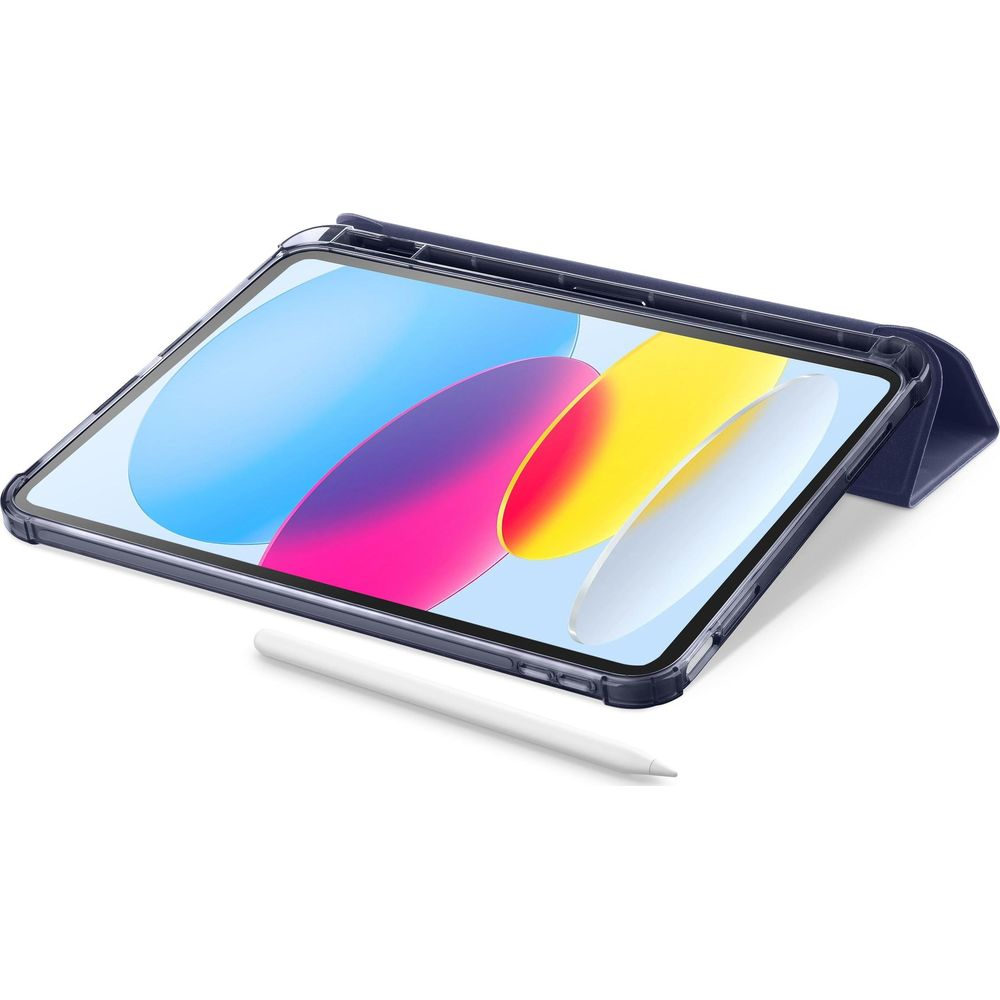Ein transparentes Tablet mit einem blauen Ständer und einem weißen Stift.