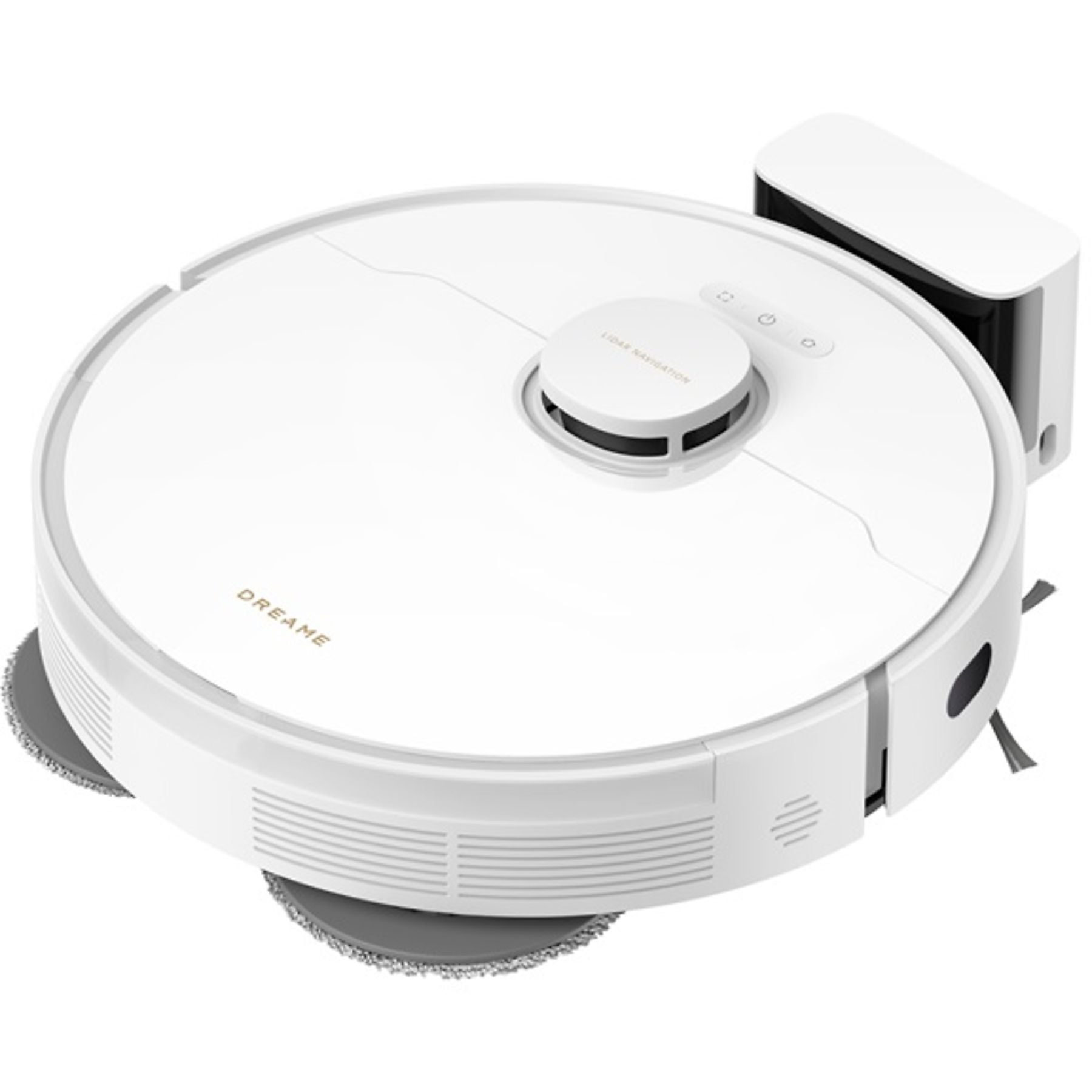 Döner fırçalı ve lidar navigasyonlu beyaz robot süpürge.