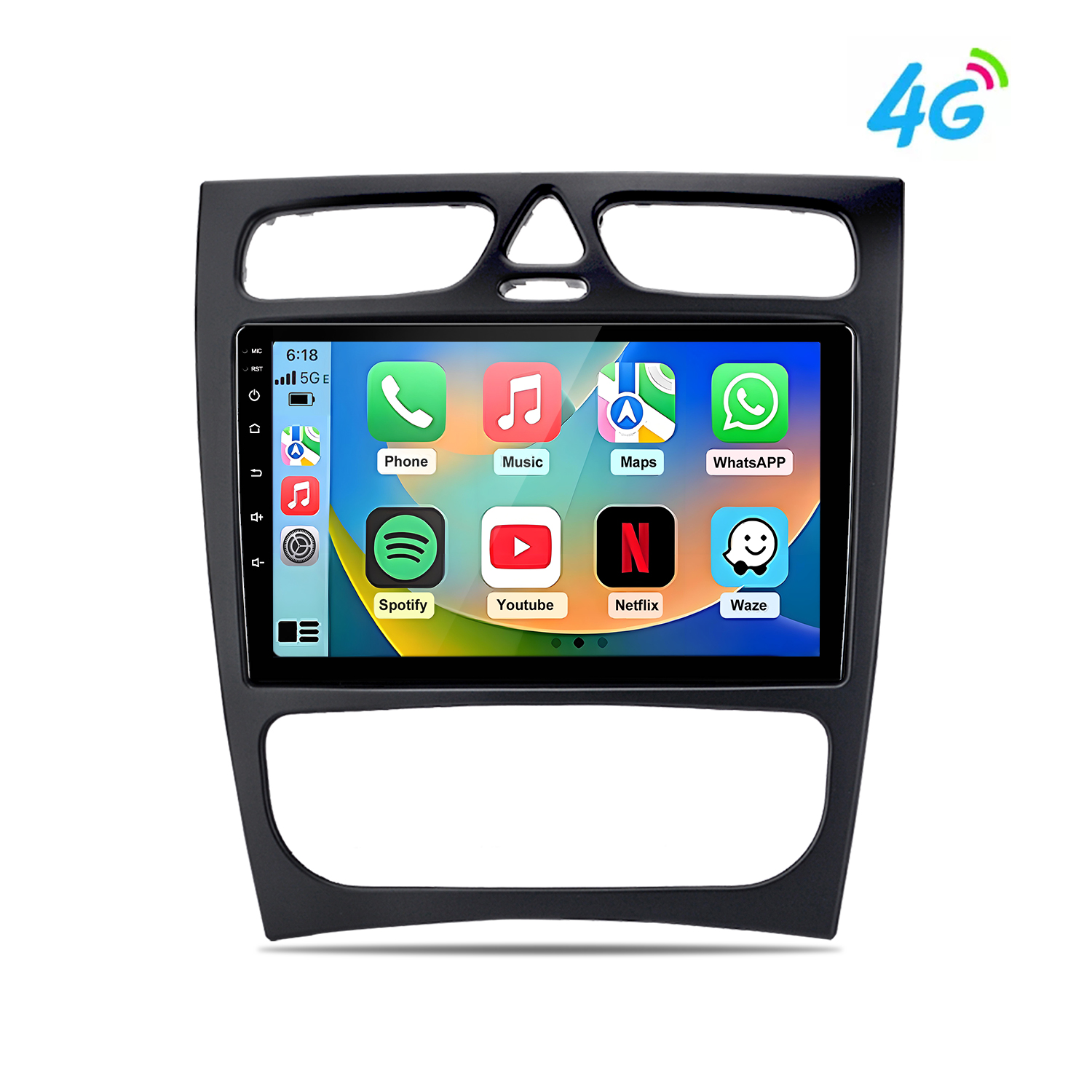 Schermo infotainment auto che mostra app come Telefono, Musica, Mappe, Spotify, YouTube, Netflix e WhatsApp. Icona 4G.