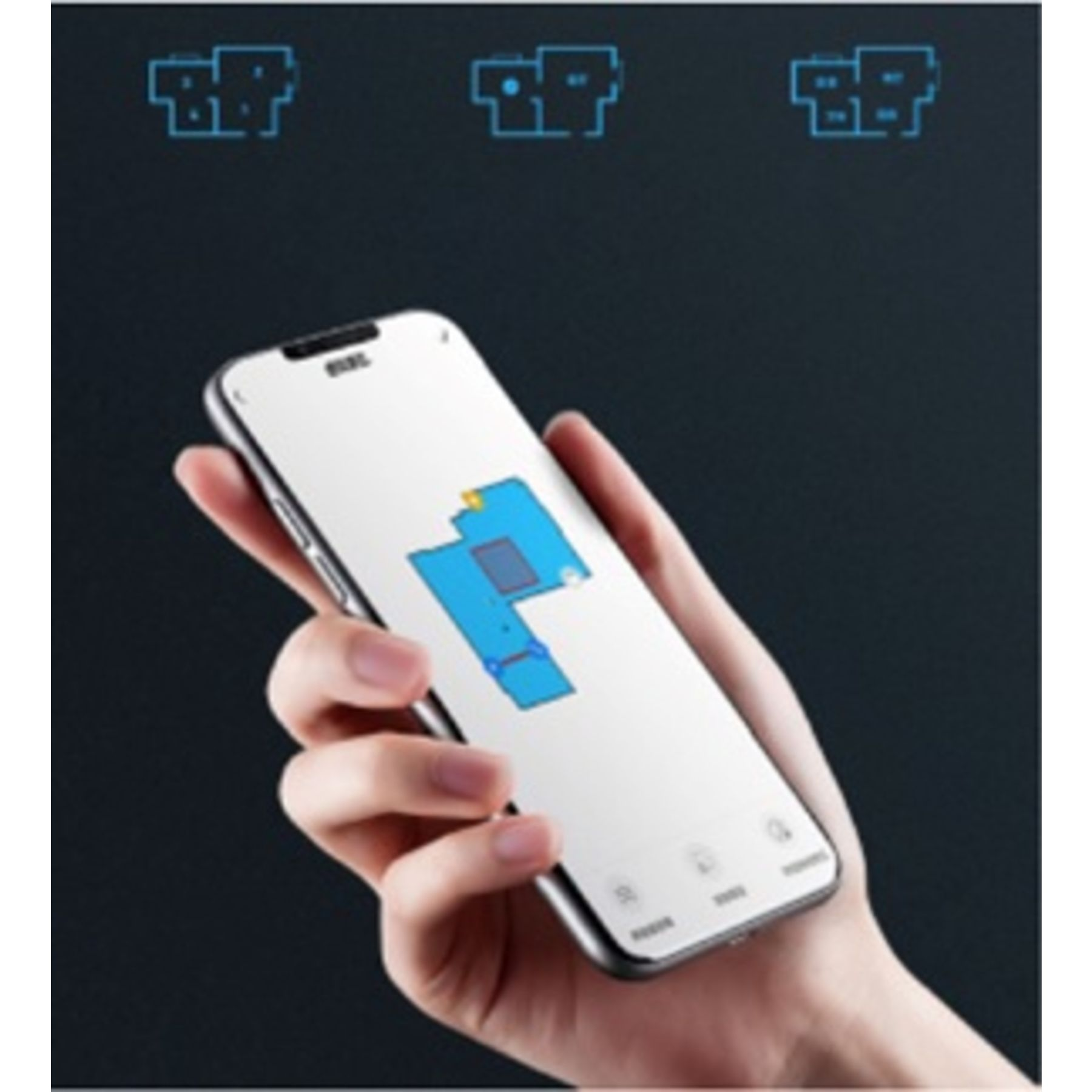 Hand hält Smartphone mit einer Kartenansicht eines Raumes. Blaue Linien zeigen Zimmer.