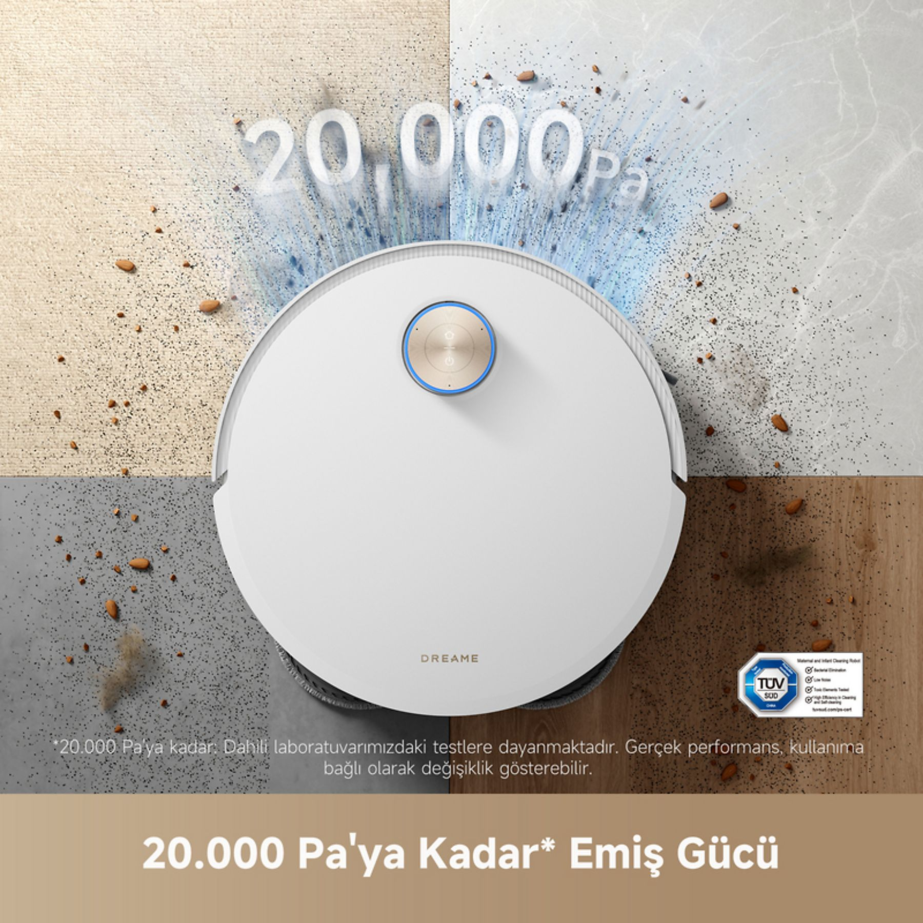 Beyaz robot süpürge, dört farklı zemin tipindeki kırıntıları temizler.