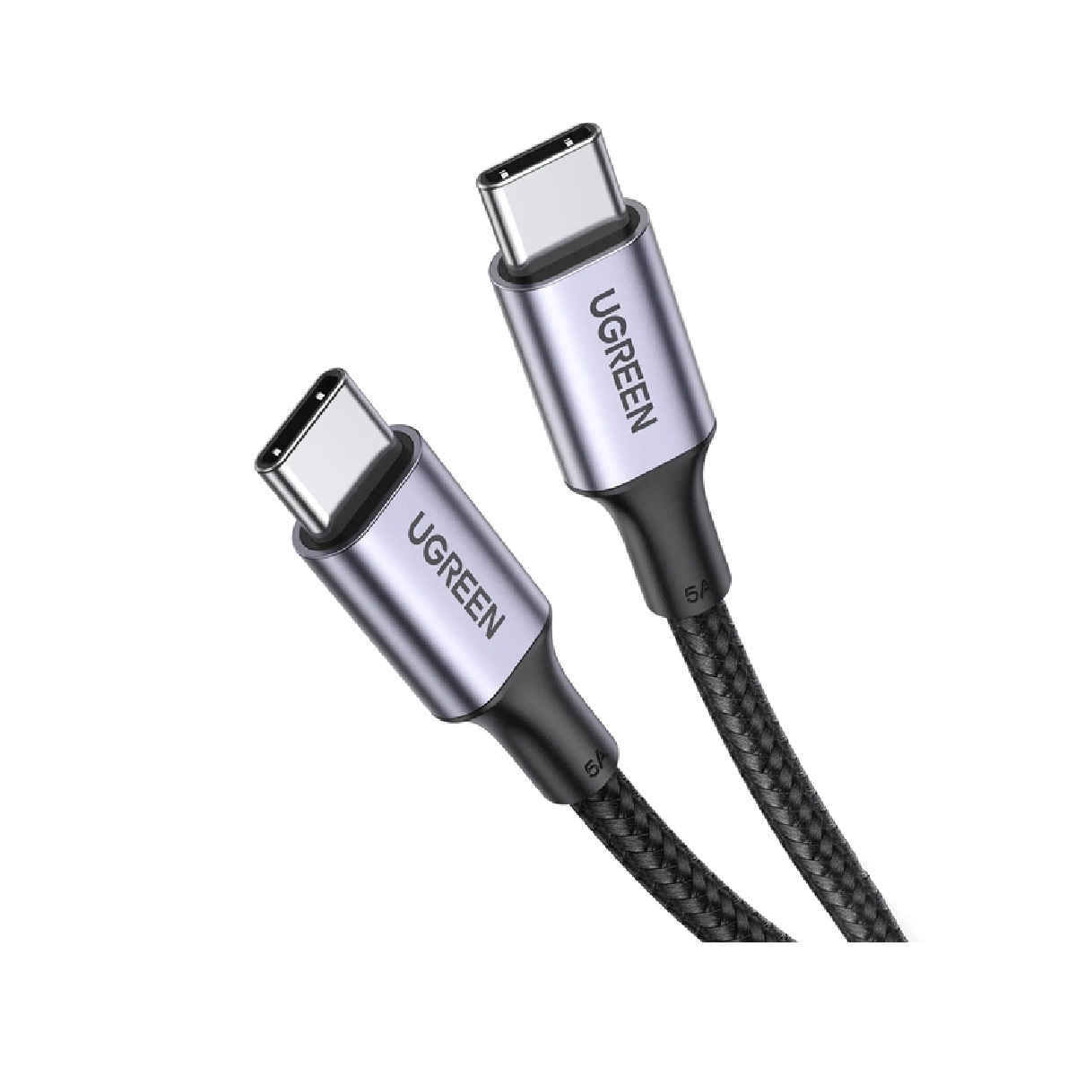 Dwa kable UGREEN USB-C ze srebrnymi złączami na białym tle.