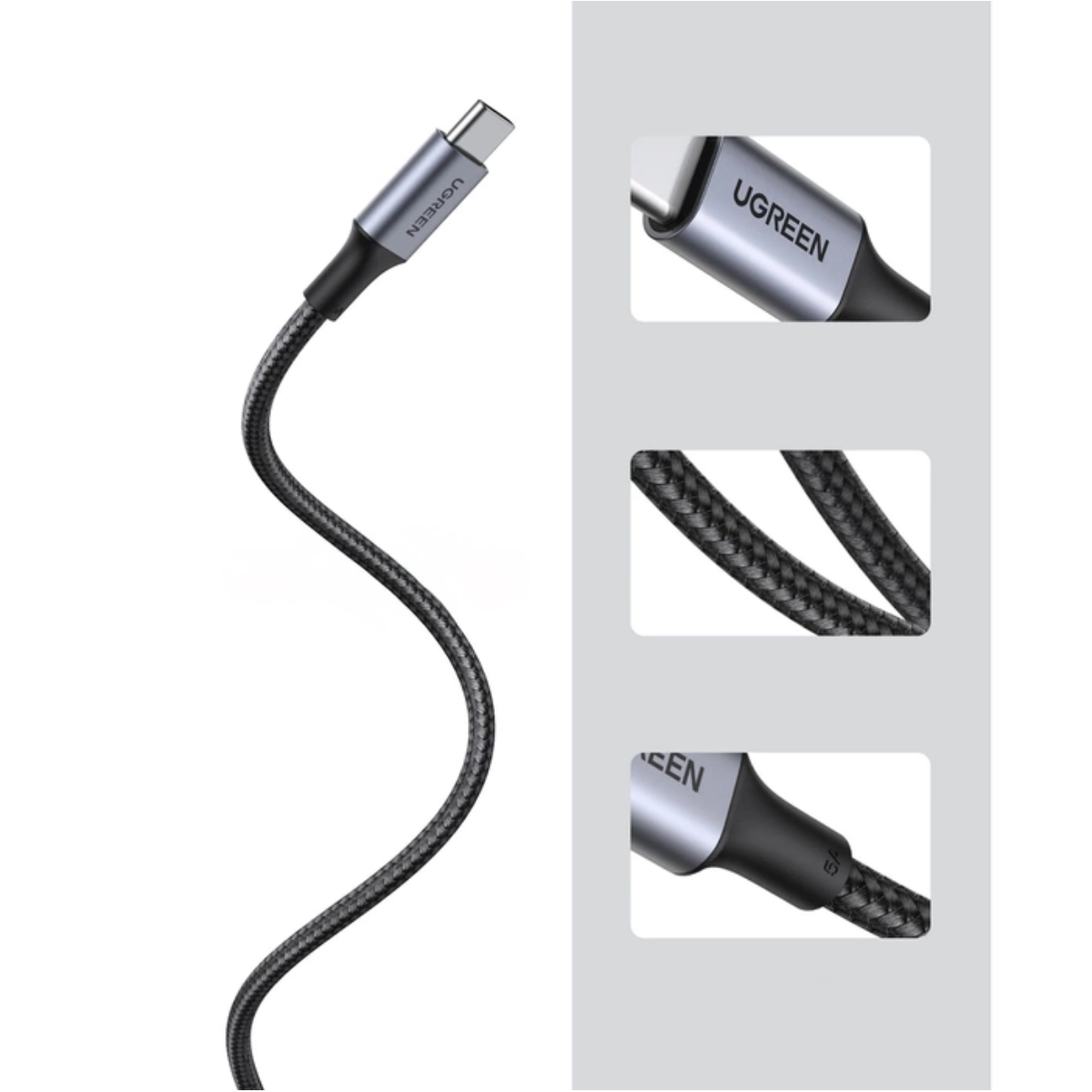 Czarny kabel USB-C z plecioną teksturą i srebrną wtyczką.