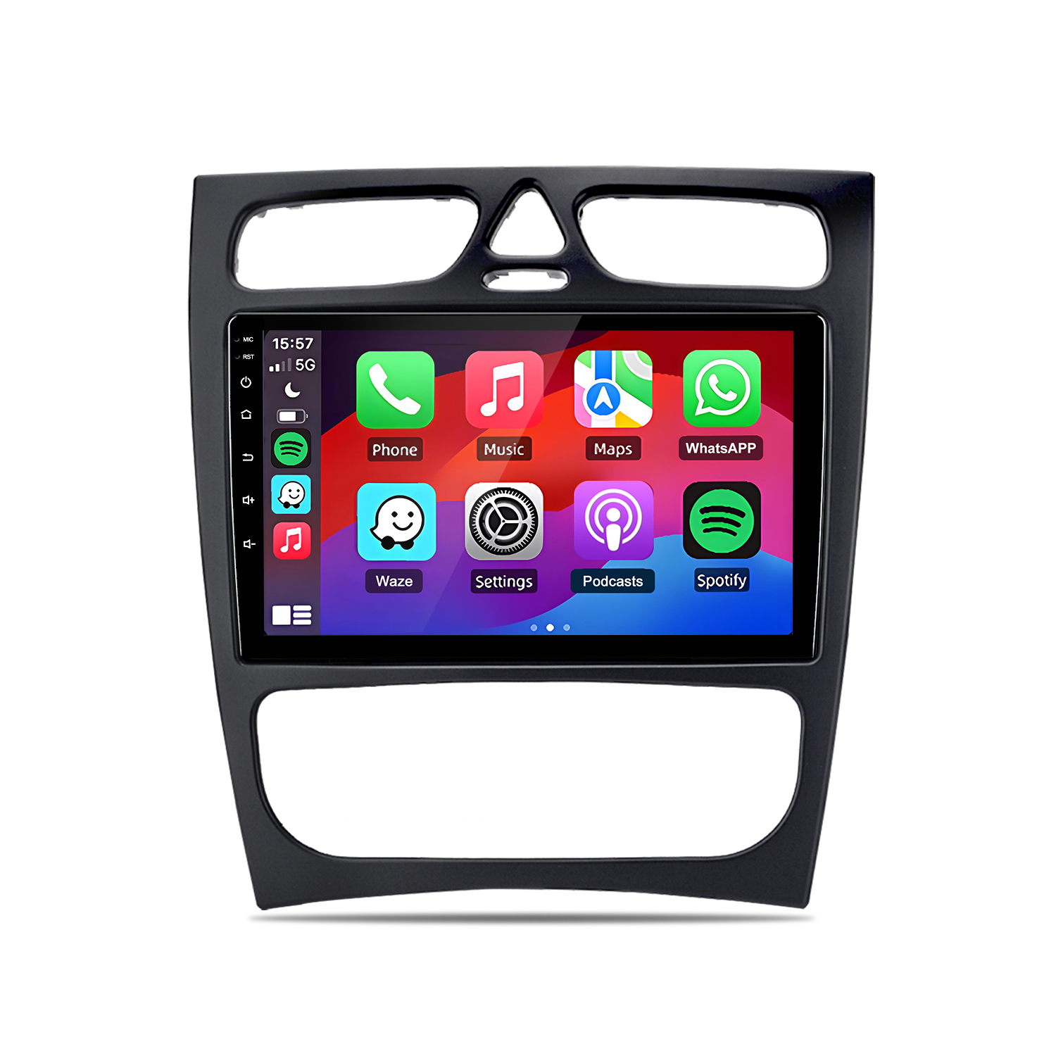 Ein Auto-Infotainment-System mit App-Symbolen wie Telefon, Musik und Karten.