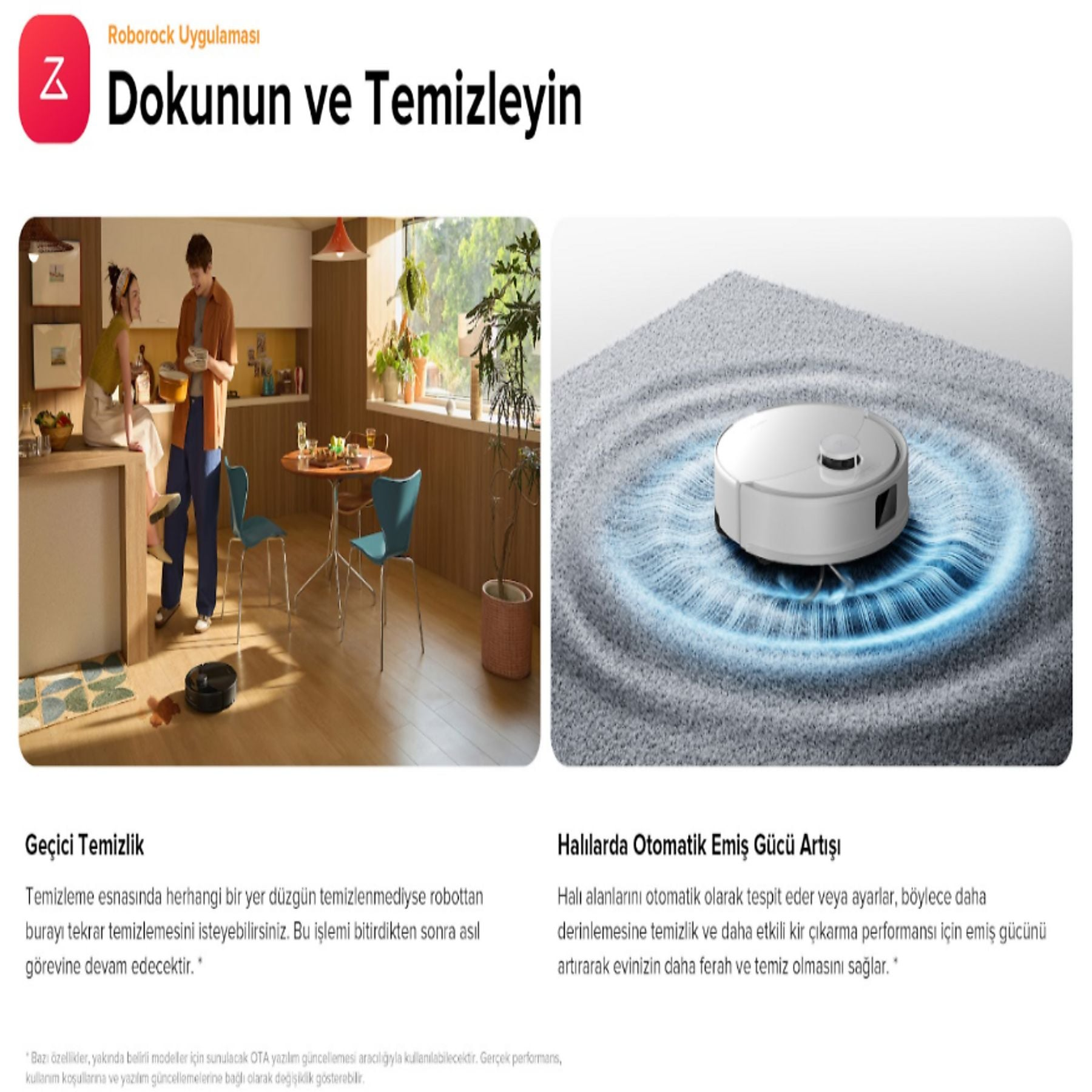 Robot süpürge halı ve ahşap zemini temizliyor. Bir çift mutfakta.
