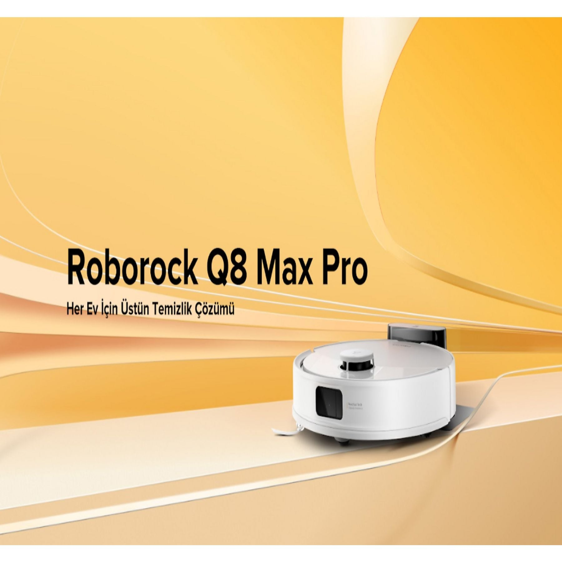 Sarı arka plan üzerinde Roborock Q8 Max Pro yazılı beyaz robot süpürge.