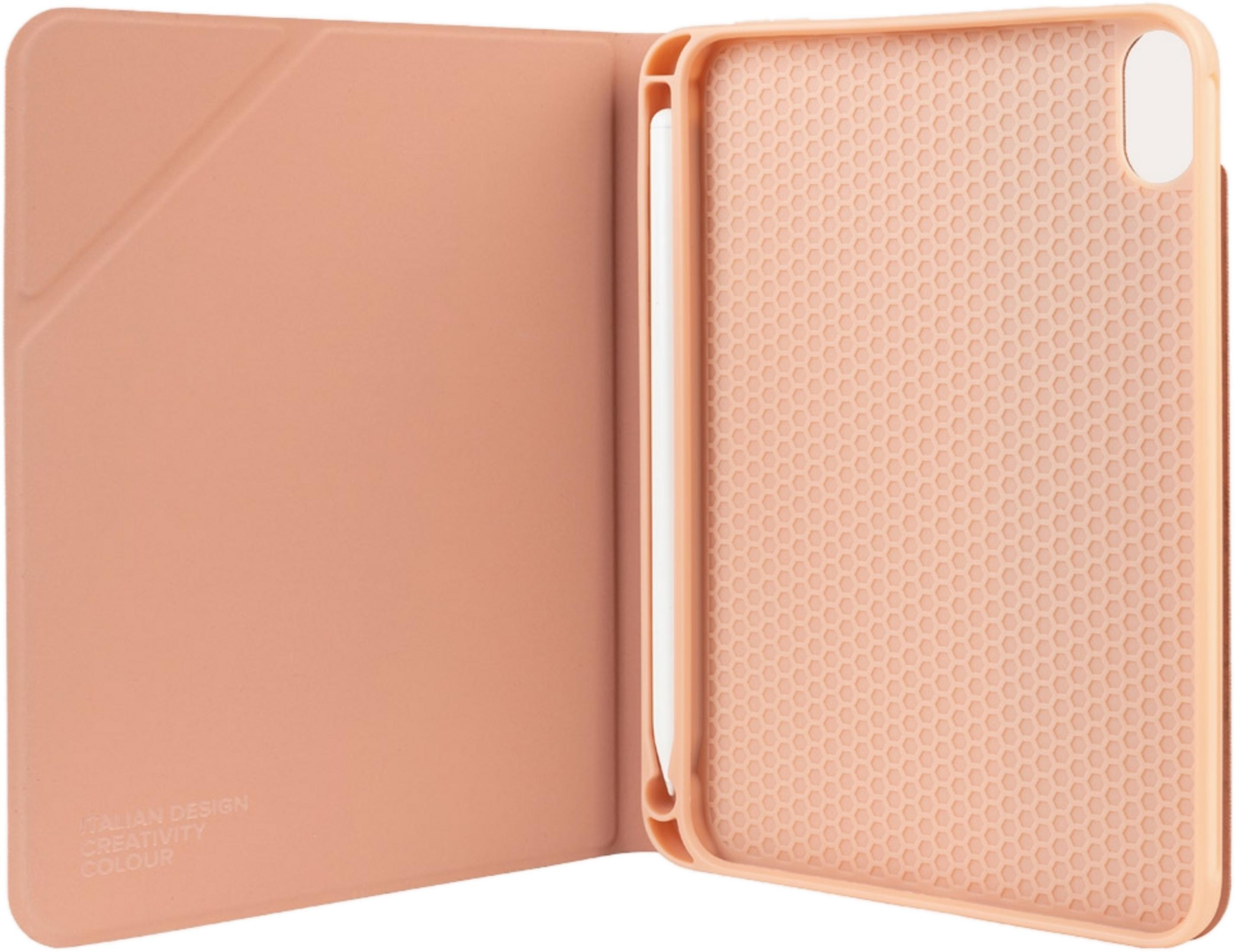 Un supporto per tablet rosa con motivo a nido d'ape e portapenne.