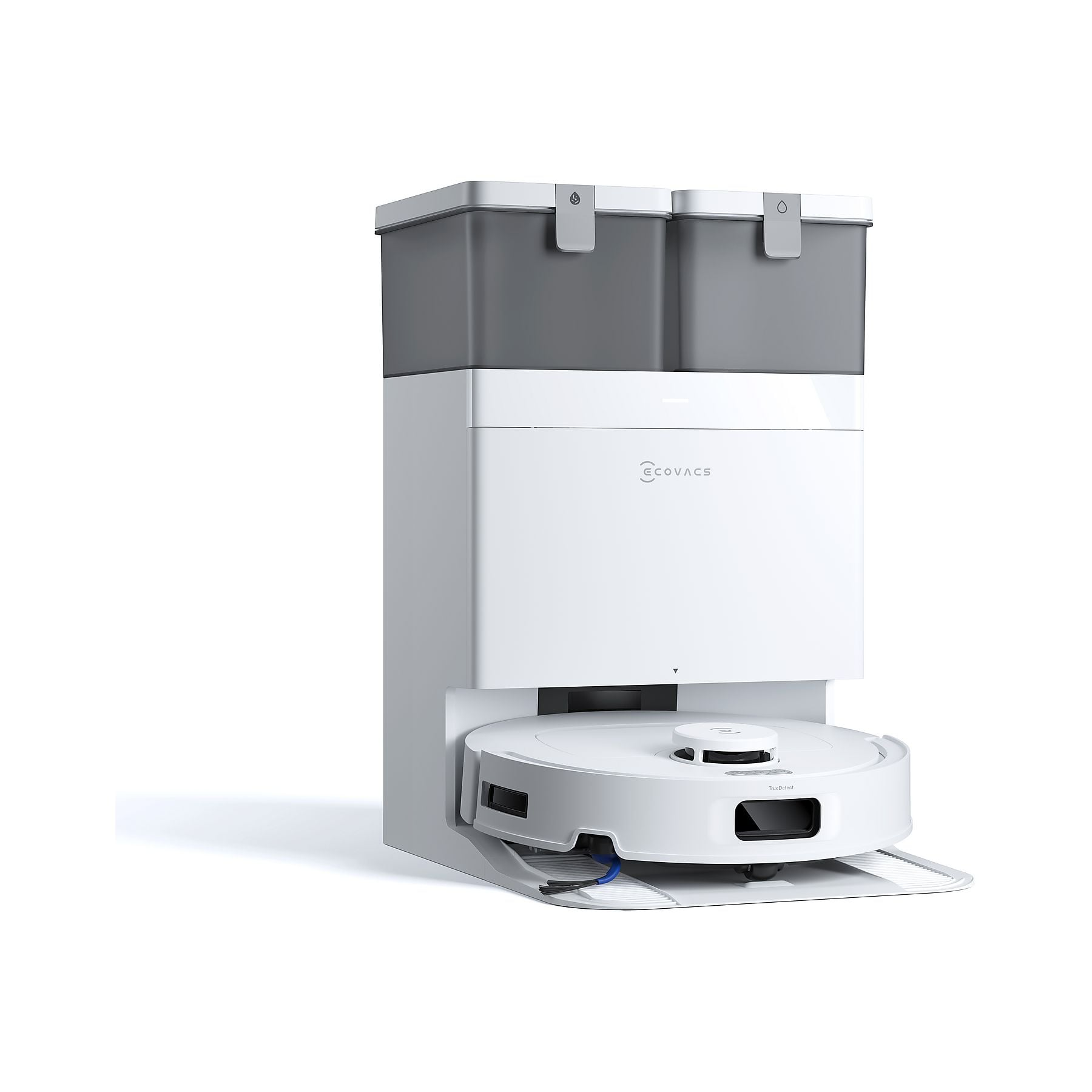 Een witte robotstofzuiger met een laadstation met twee grijze containers.