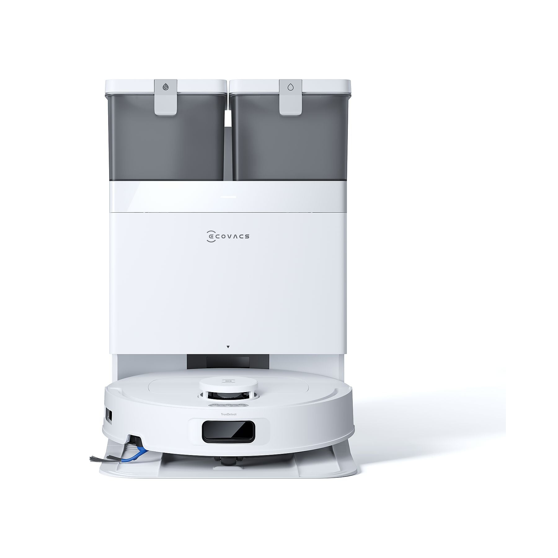 Een witte robotstofzuiger met een laadstation met twee grijze bakken.