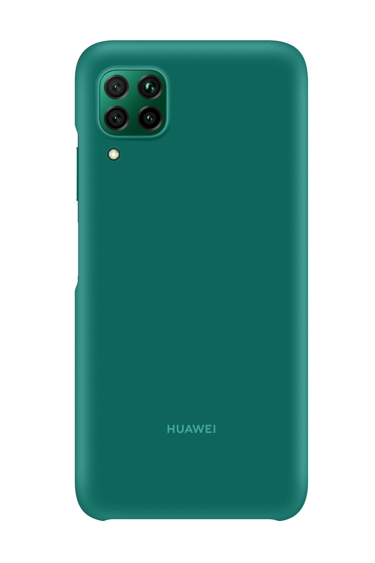 Retro di una custodia verde per telefono con quattro obiettivi e flash.