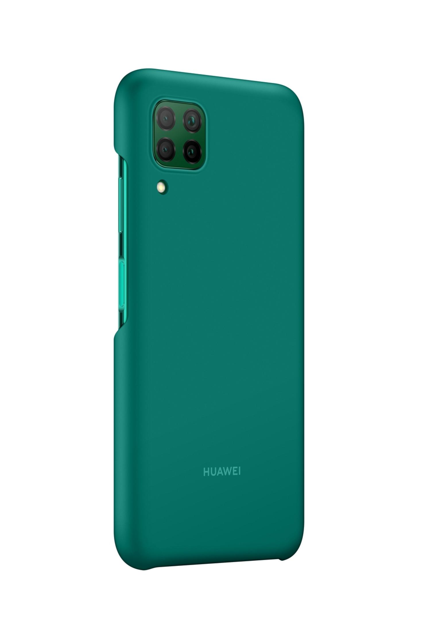 Custodia verde per telefono con quattro fotocamere e flash, logo Huawei.