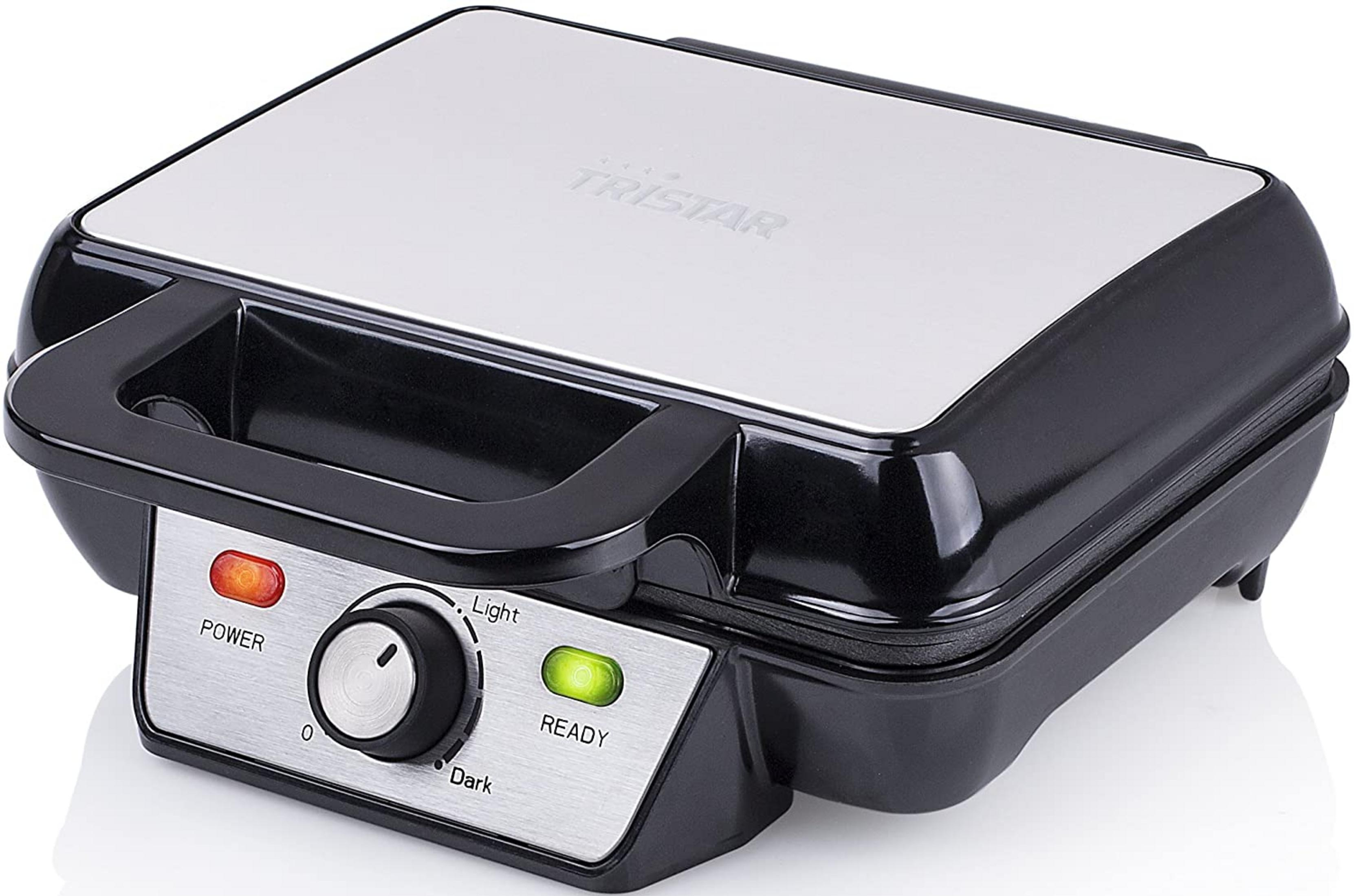 Zamknięta czarno-srebrna gofrownica ze wskaźnikami świetlnymi.