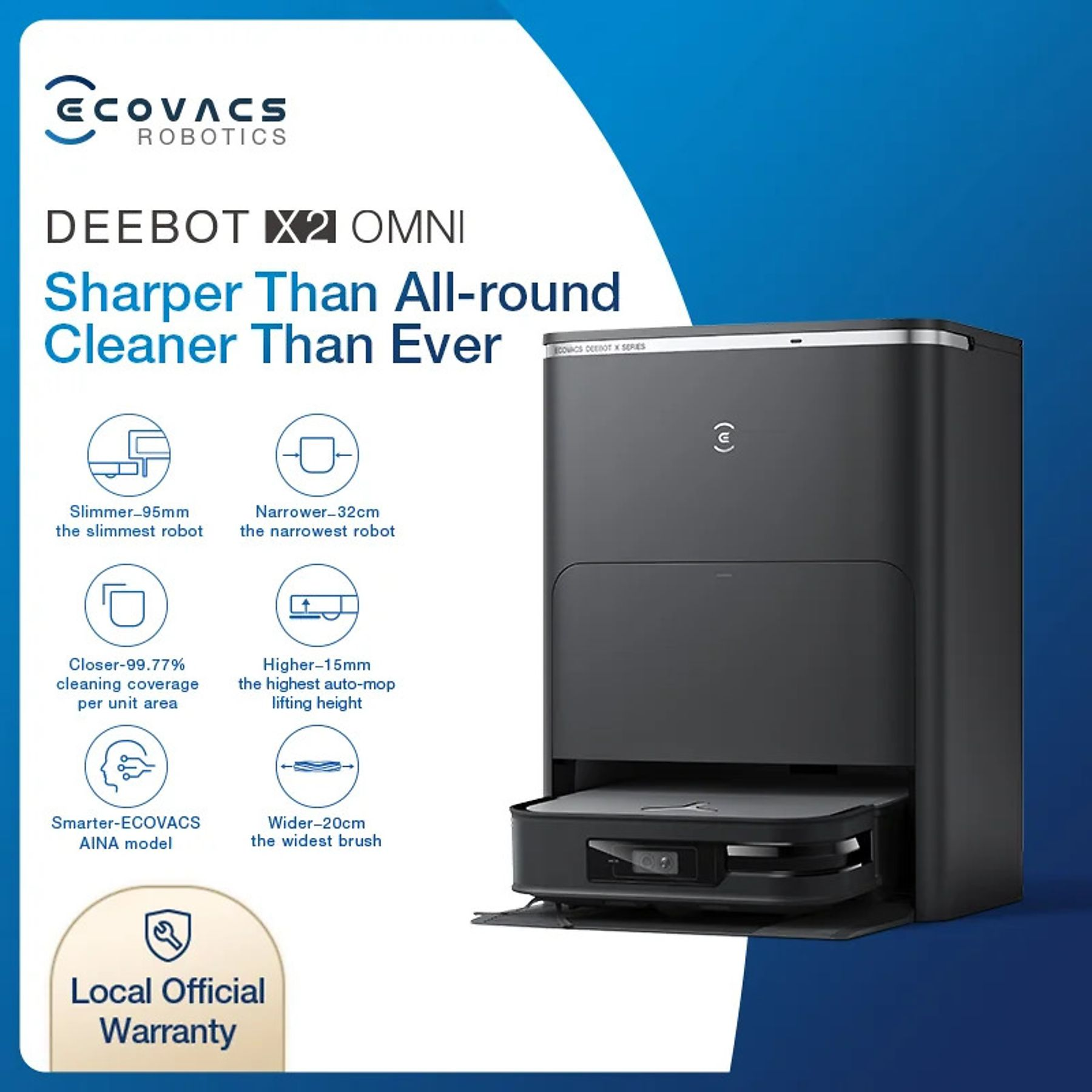 Teknik özellikler ve ECOVACS logosu yanında siyah robotlu süpürge ve docking istasyonu.