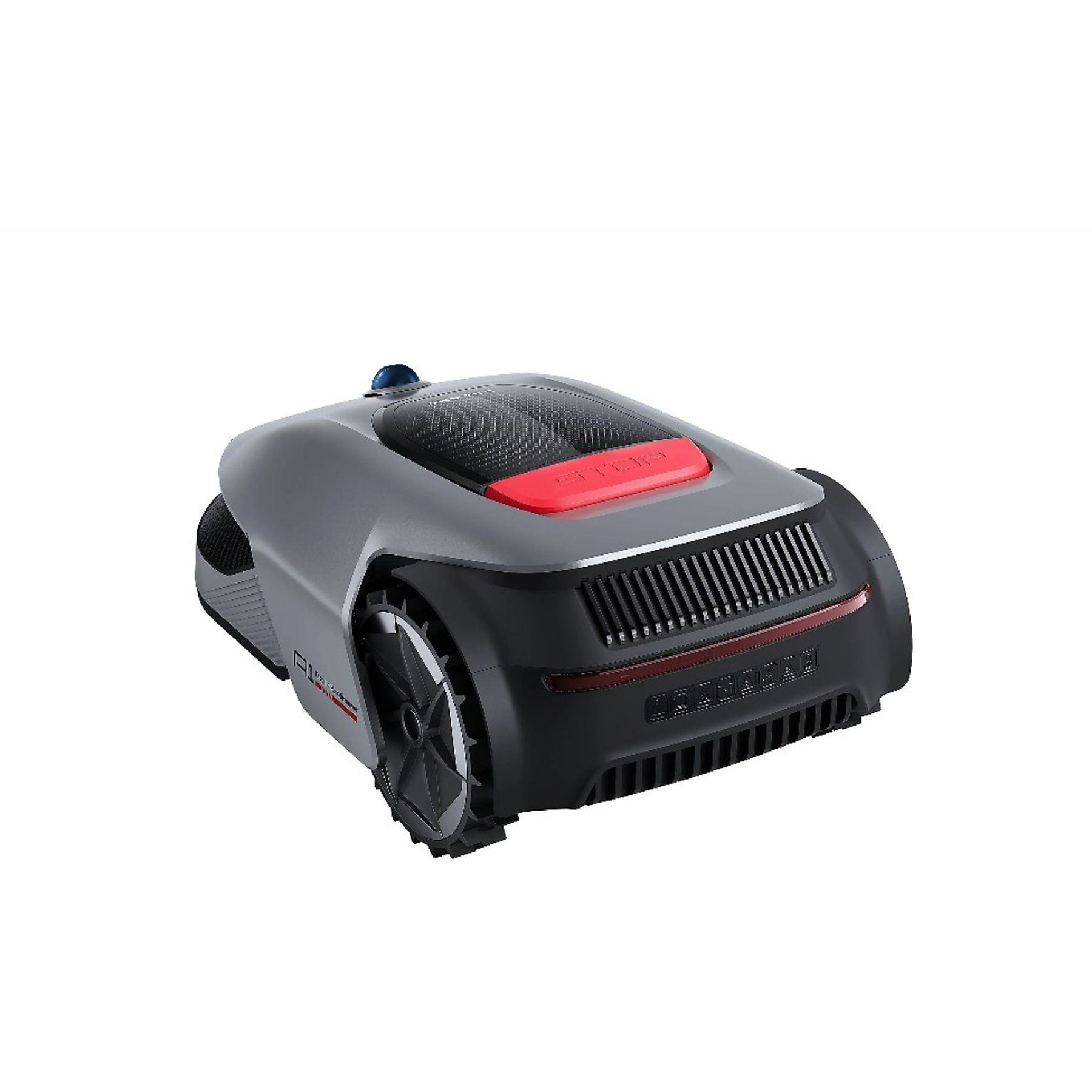 Szara kosiarka robotyczna z czerwonymi i czarnymi akcentami na białym tle.