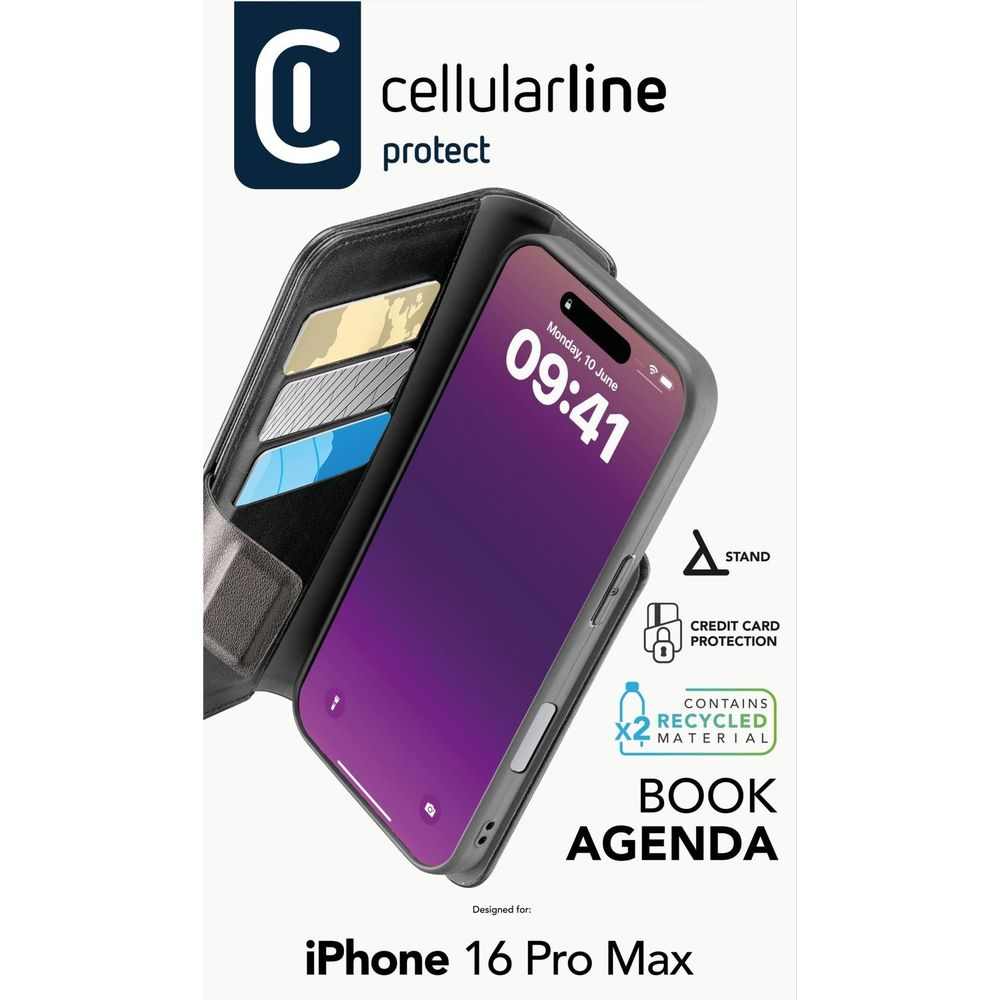 Custodia nera con slot per schede per iPhone 16 Pro Max.