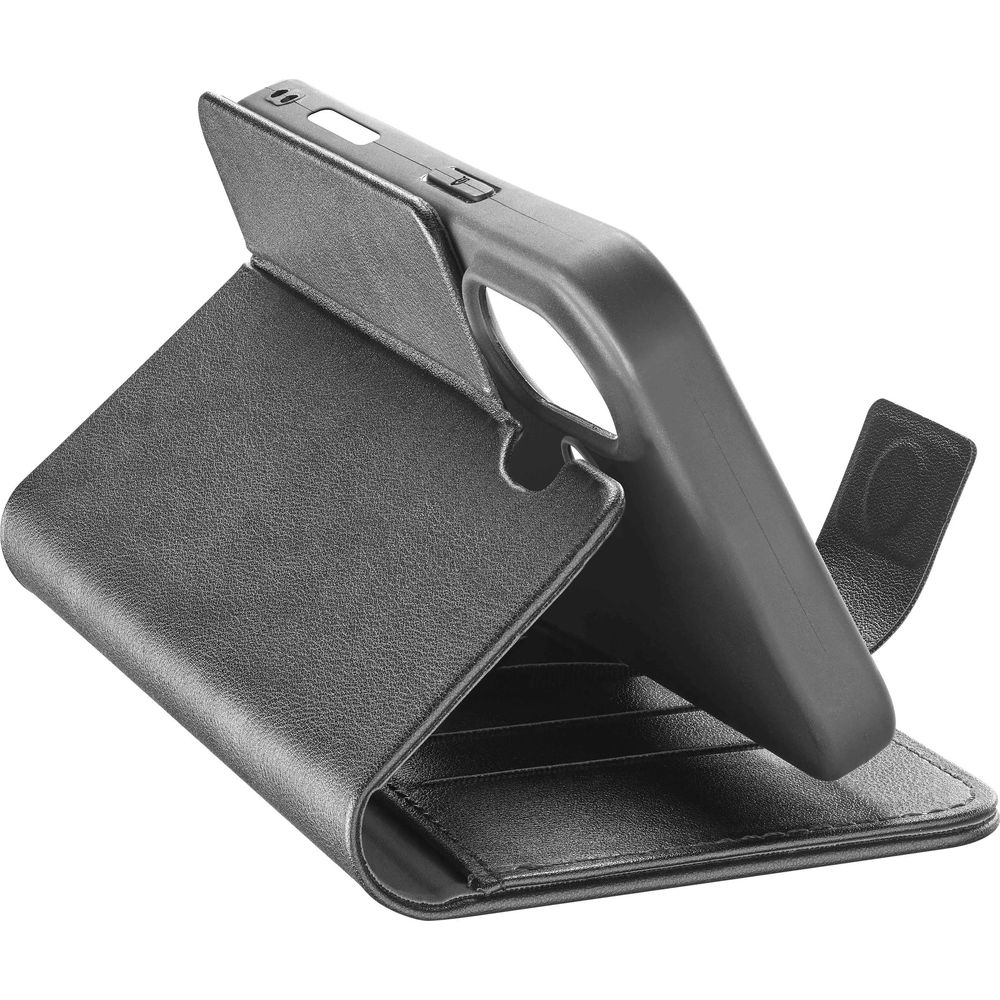 Custodia a libro in pelle nera con copertina aperta, mostra porta telefono e slot.