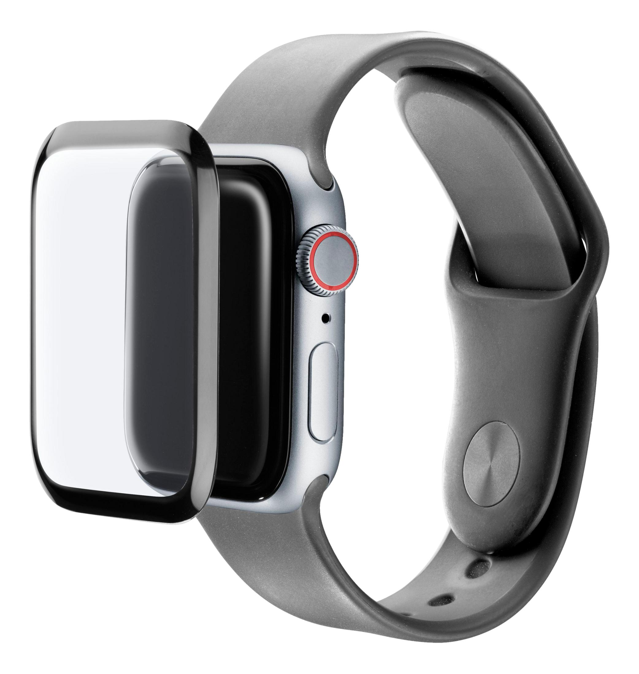 Srebrny smartwatch z czarną opaską i folią ochronną ekranu.