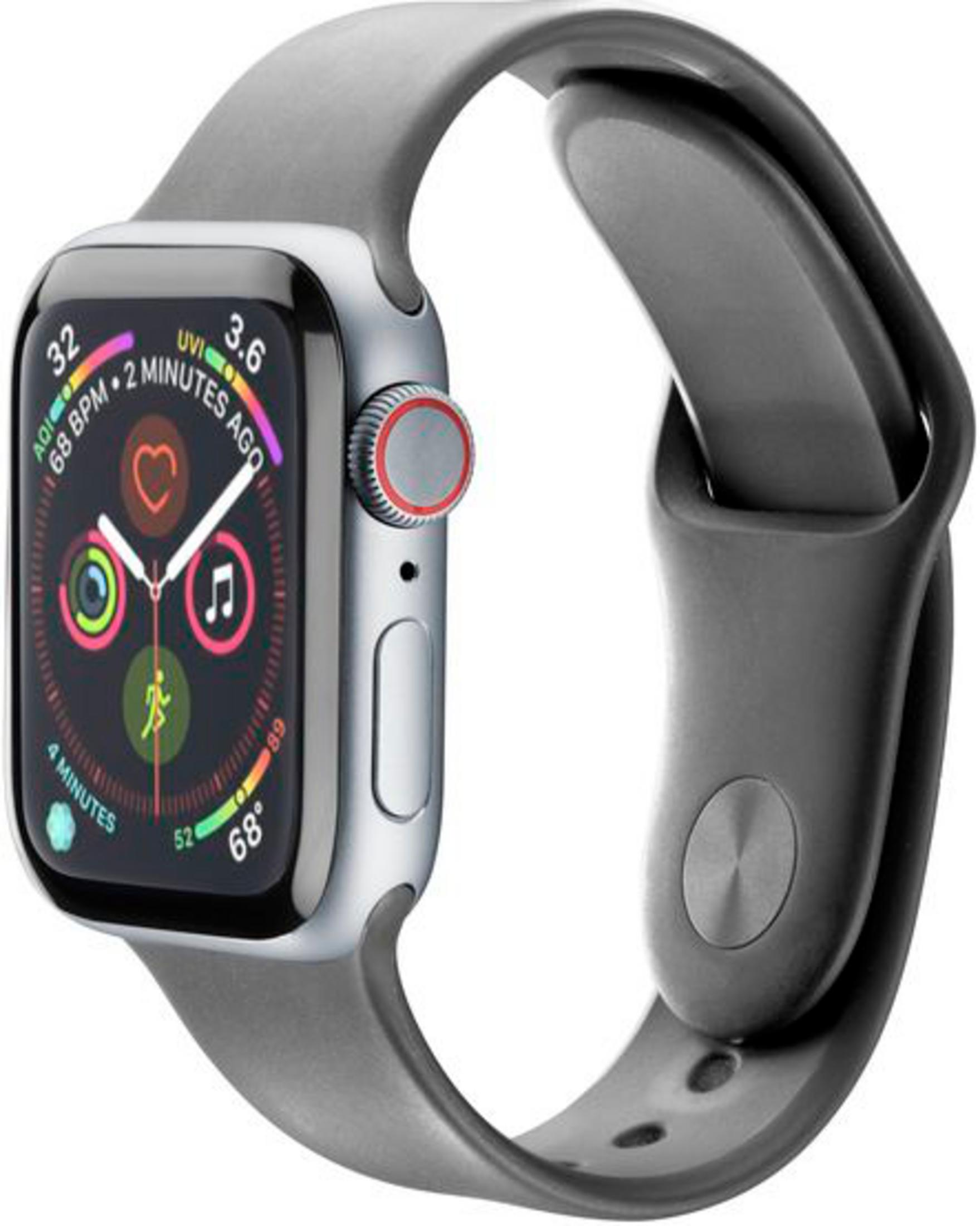 Szary smartwatch z cyfrowym wyświetlaczem pokazującym tętno i pogodę.