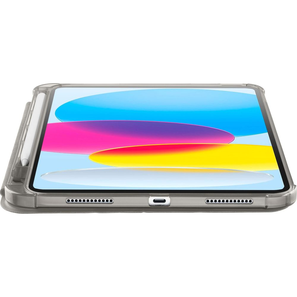 Un tablet in una custodia trasparente con stilo. Grafica di sfondo colorata.