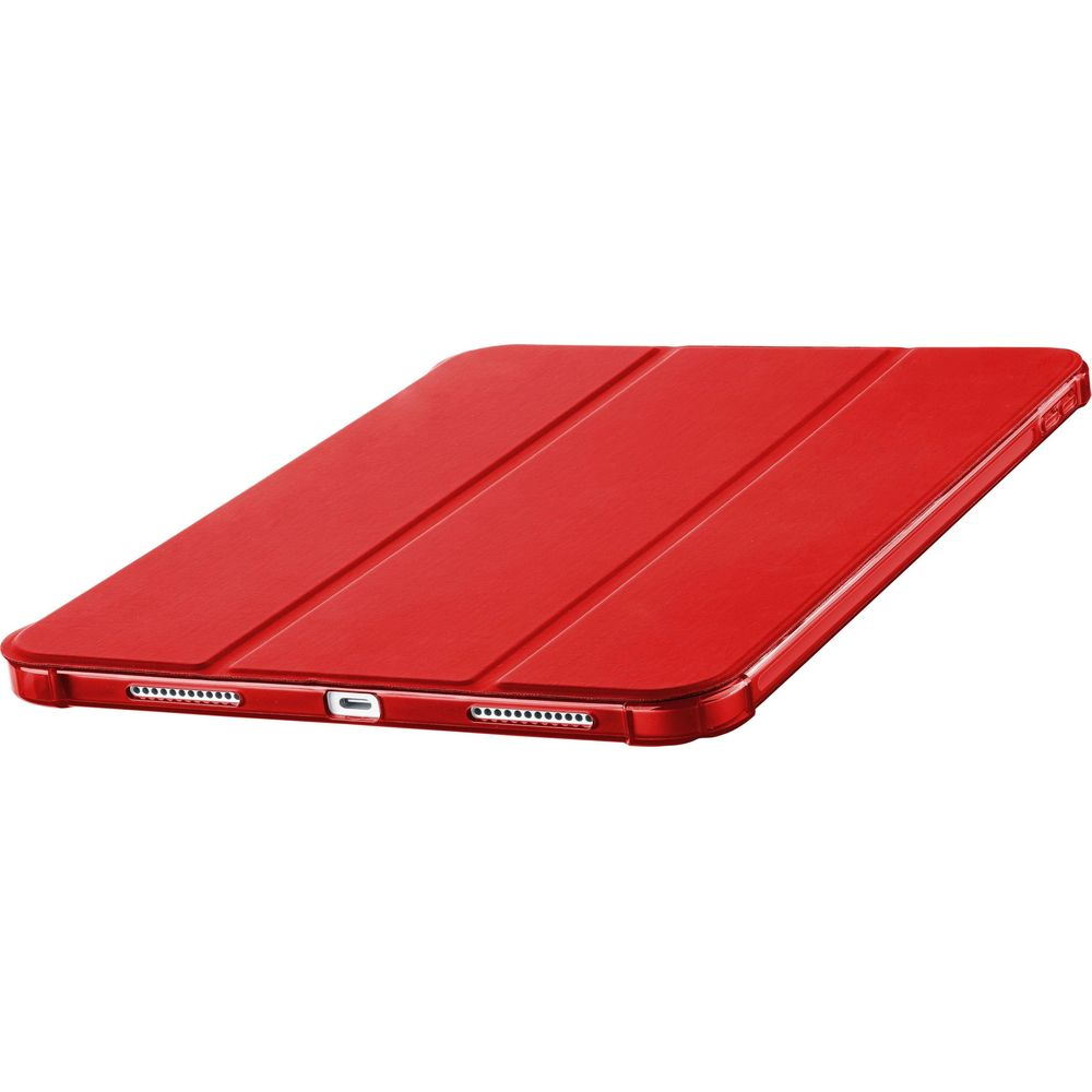 Custodia rossa per tablet a tre pieghe, vista dall'alto.