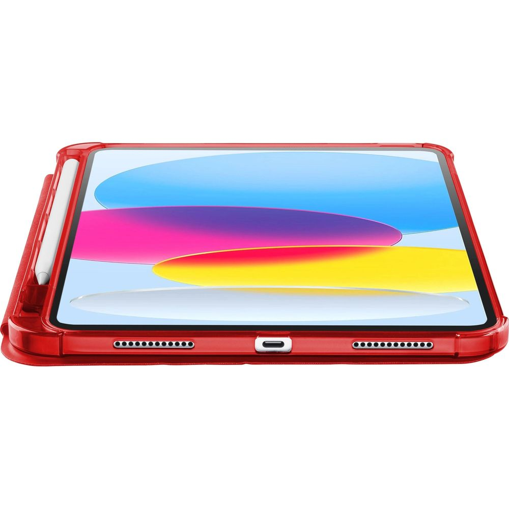 Tablet rosso con portapenne e sfondo colorato dello schermo.