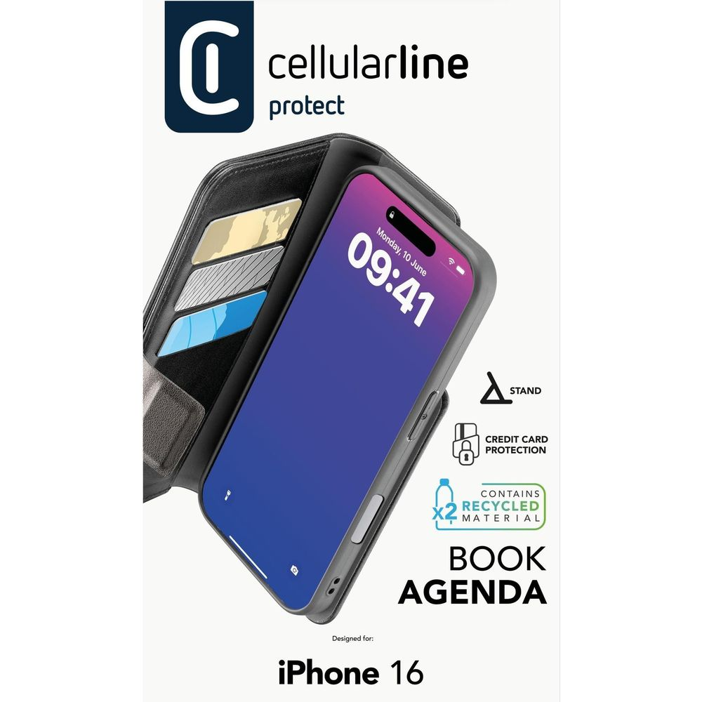 Custodia a libro agenda nera per iPhone 16 con porta carte.