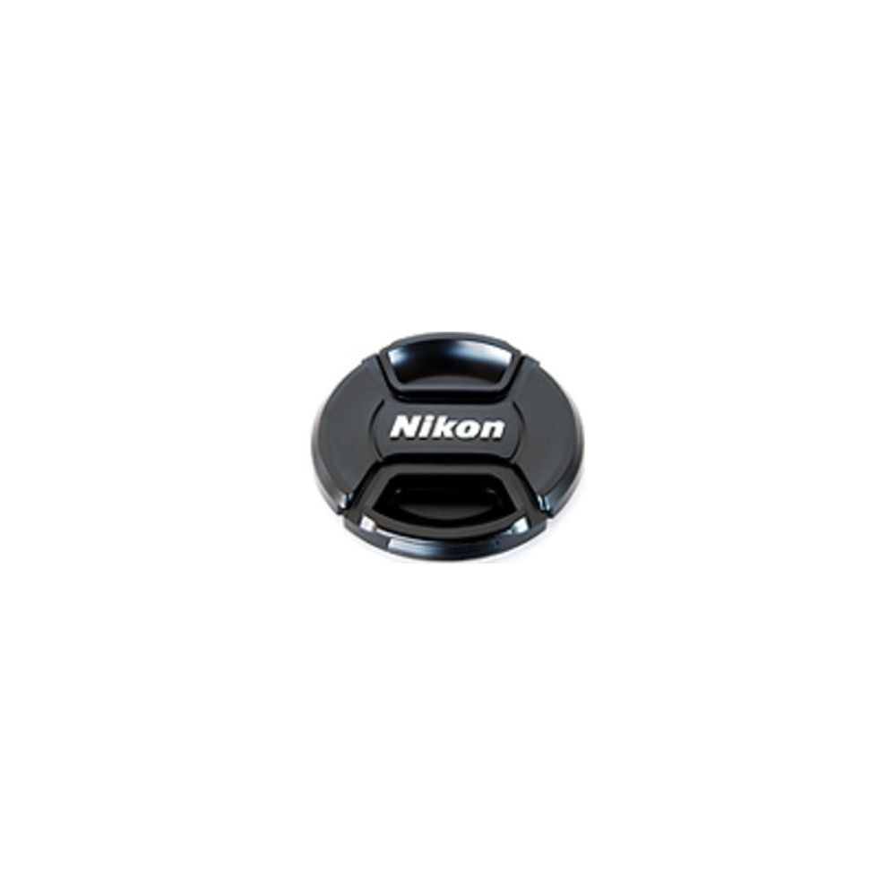 Schwarzer Nikon Objektivdeckel mit weißem Logo.