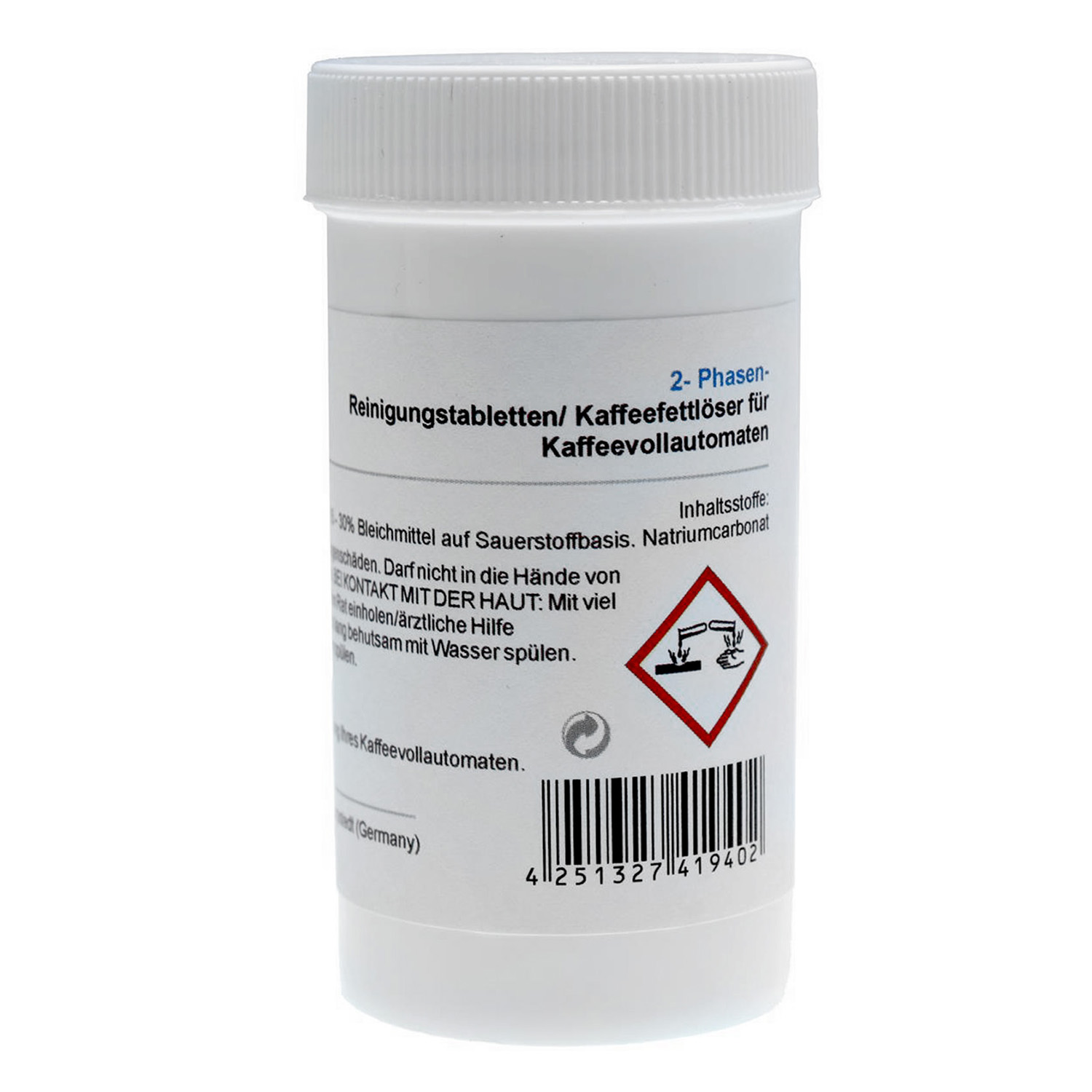 Weiße Dose mit Reinigungstabletten für Kaffeevollautomaten. Enthält Warnsymbole.