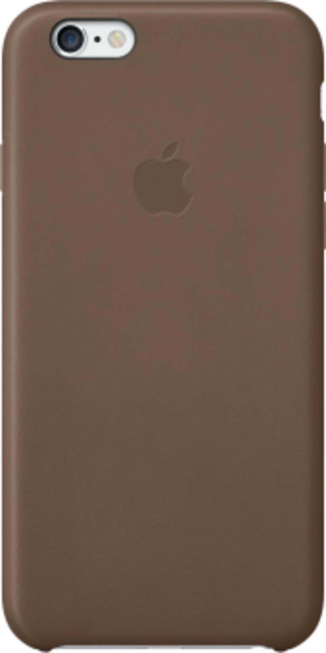 Custodia marrone per telefono con logo Apple sul retro.