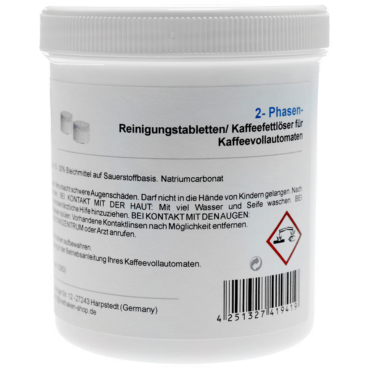 Weiße Dose mit Reinigungstabletten für Kaffeevollautomaten. Enthält Warnhinweise.
