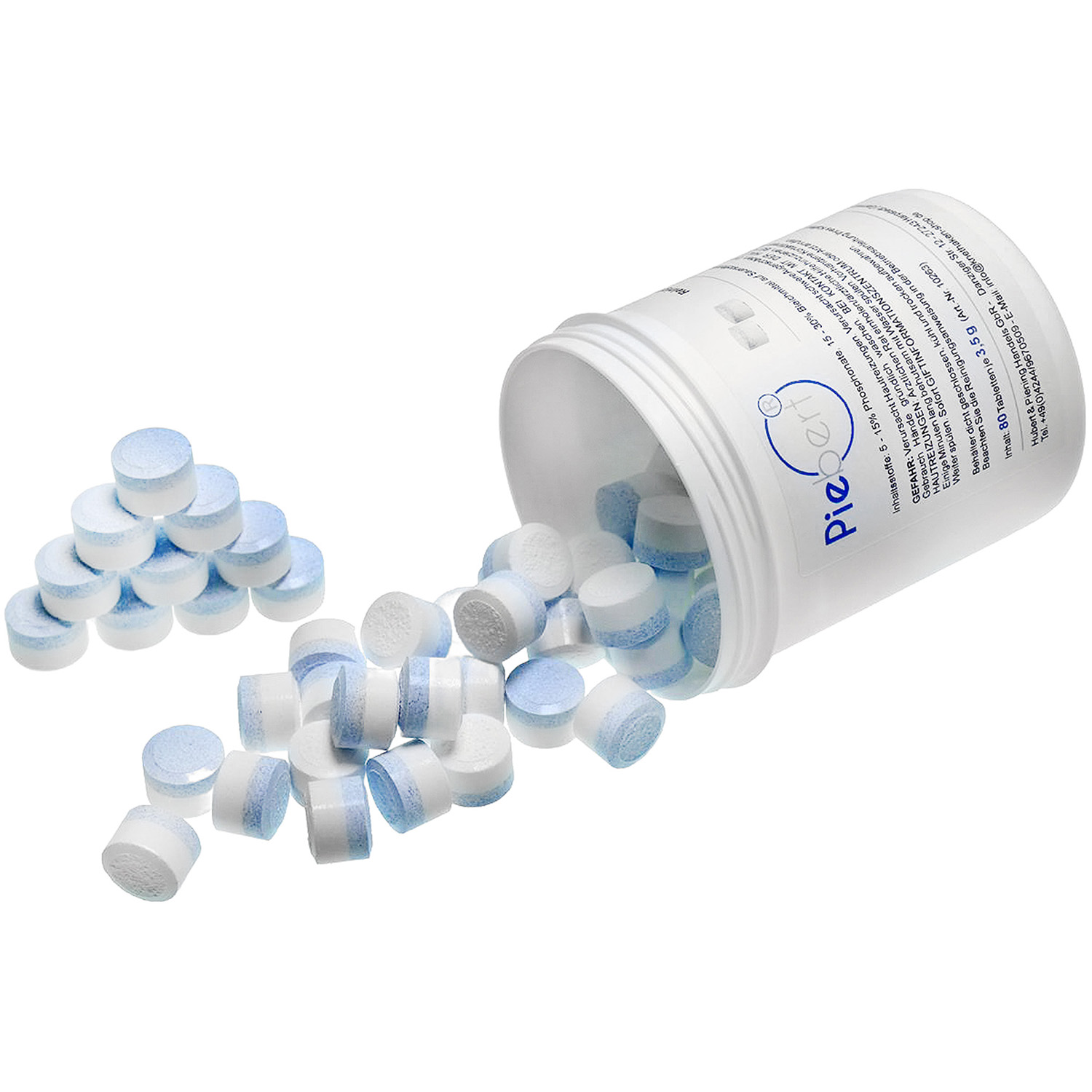 Weiße und blaue Tabletten fallen aus einem weißen Behälter.