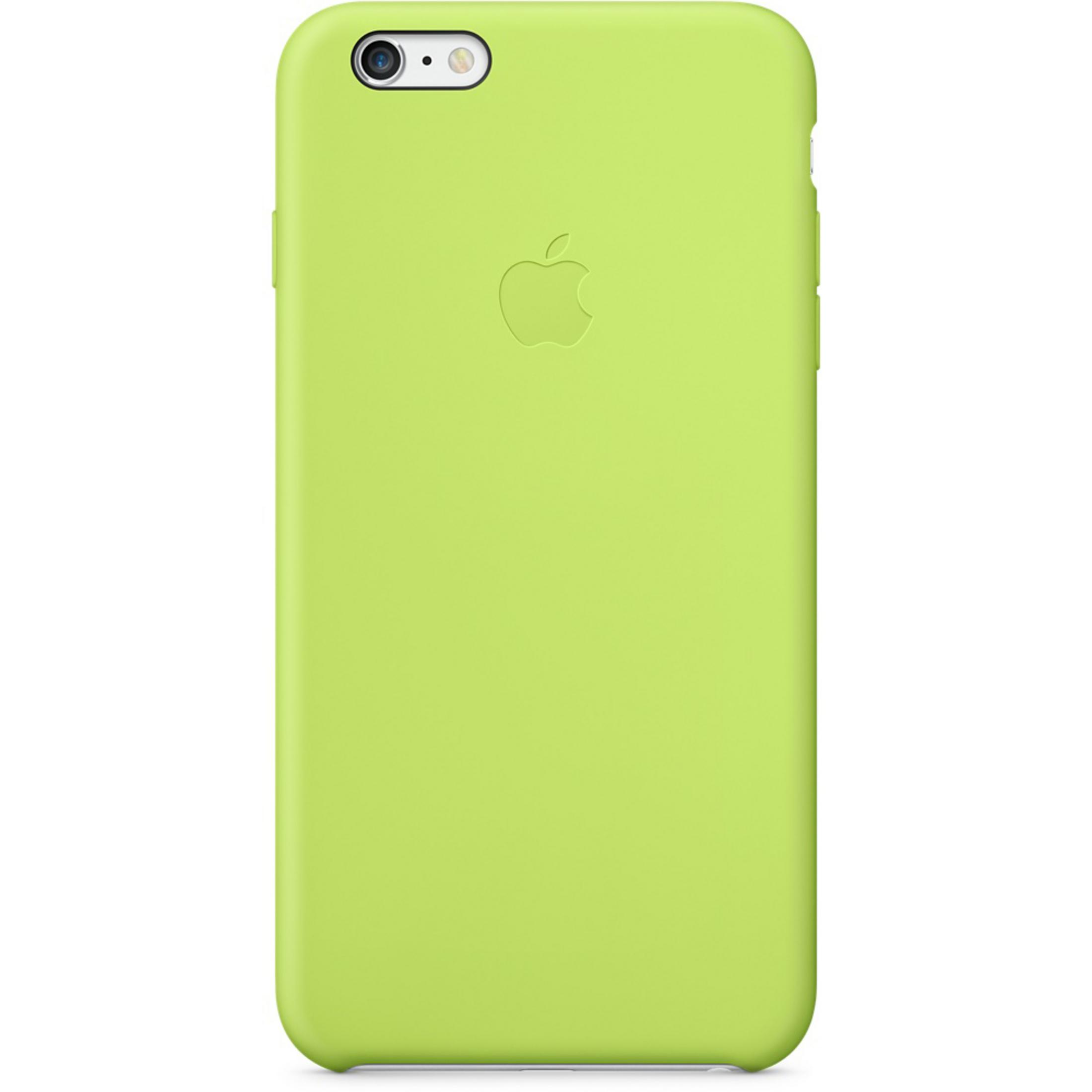 Custodia verde per iPhone con logo Apple e foro fotocamera.