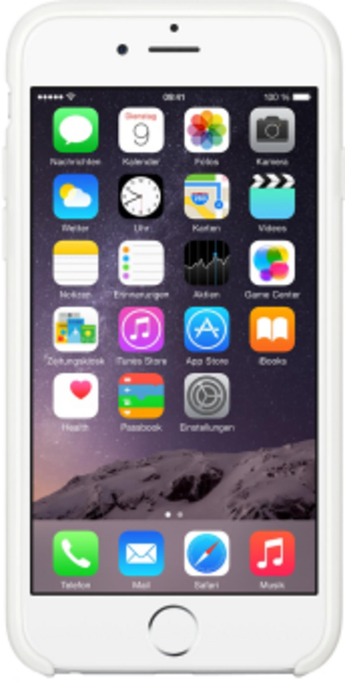 Un iPhone bianco che mostra varie icone di app con uno sfondo panoramico di montagna.