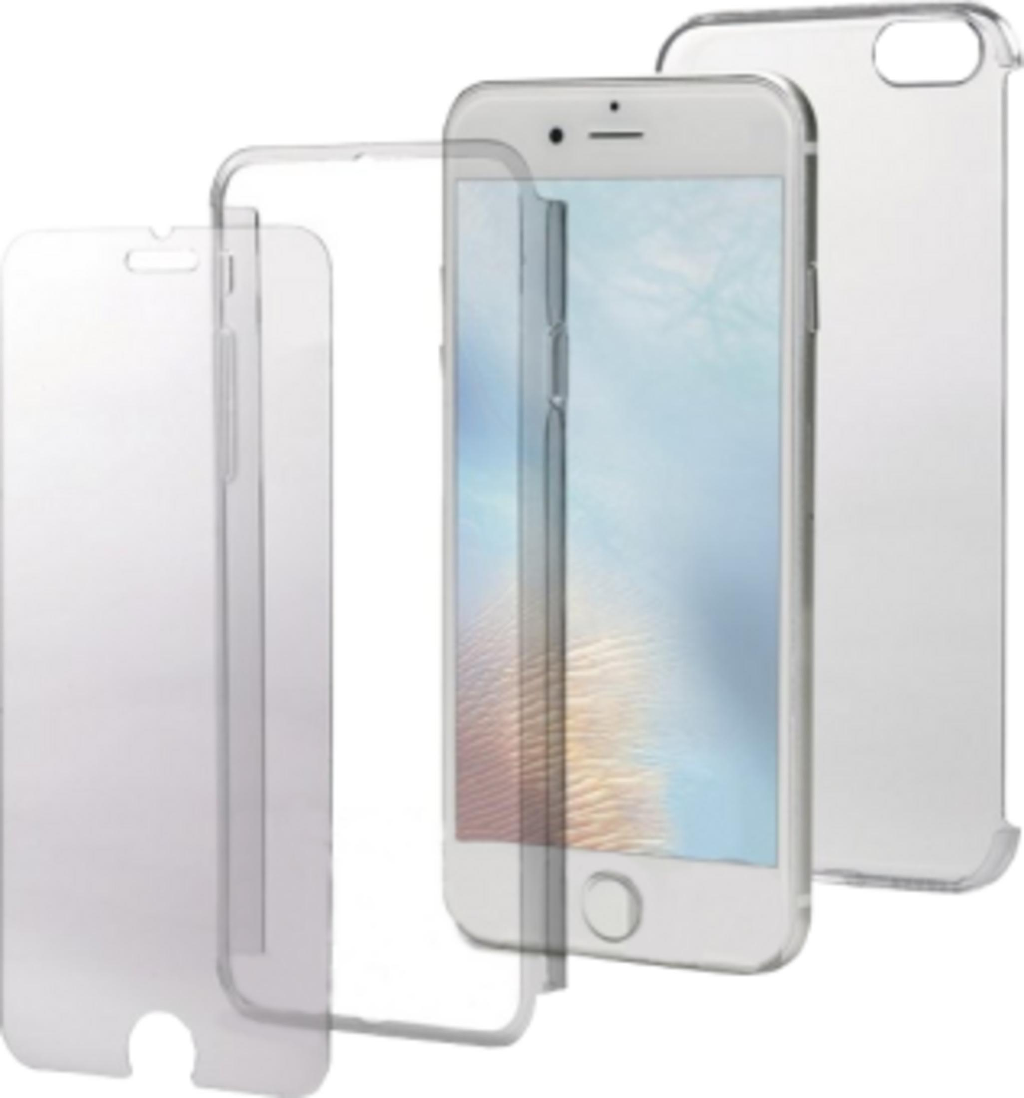 Uno smartphone bianco con custodie protettive trasparenti accanto.