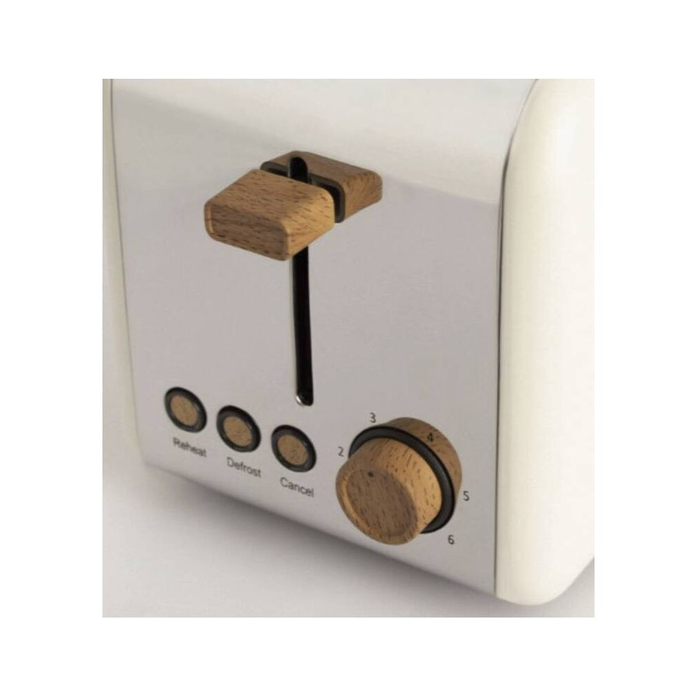 Una tostadora blanca con detalles de madera, palanca y dial.