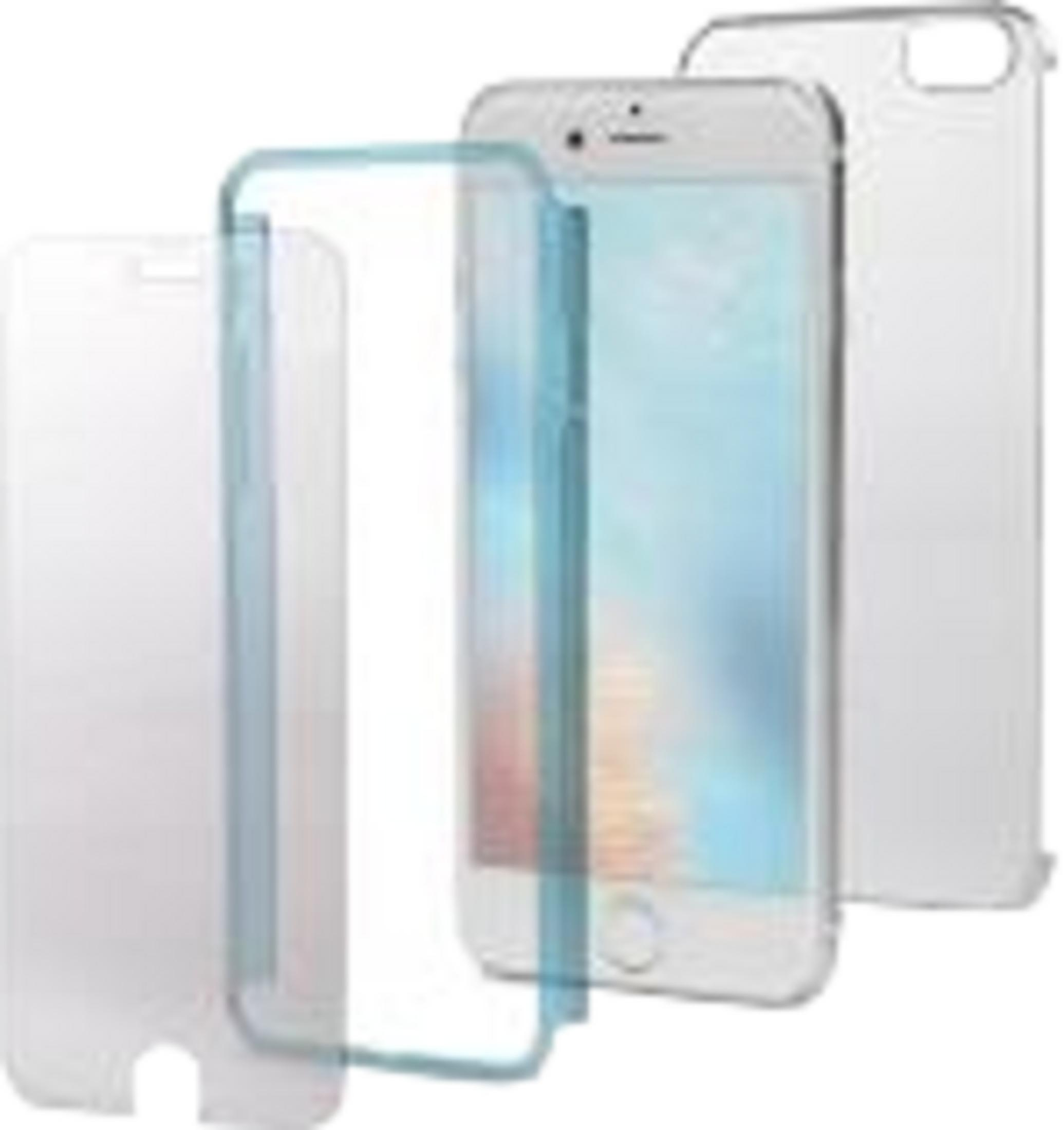 Uno smartphone bianco con pellicola protettiva e cover.