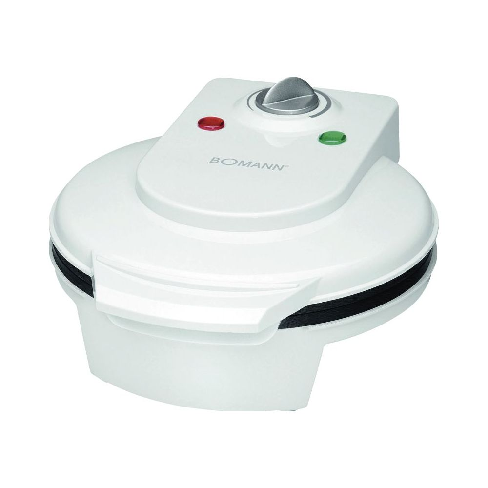 Biała gofrownica Bomann z czerwonym i zielonym wskaźnikiem oraz pokrętłem.