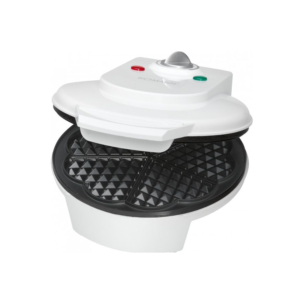 Biała gofrownica Bomann z czarną płytą do gofrów pokazana z otwartą pokrywą.